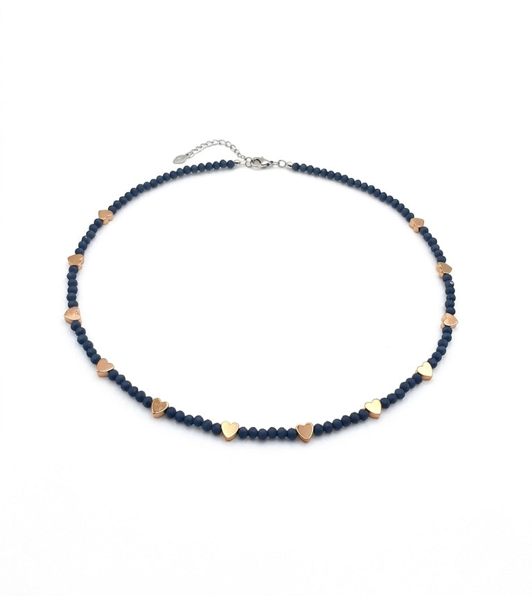 Rose Gold Heart Crystal Glass Stone Necklace | Silver Stainless Steel Clasp
