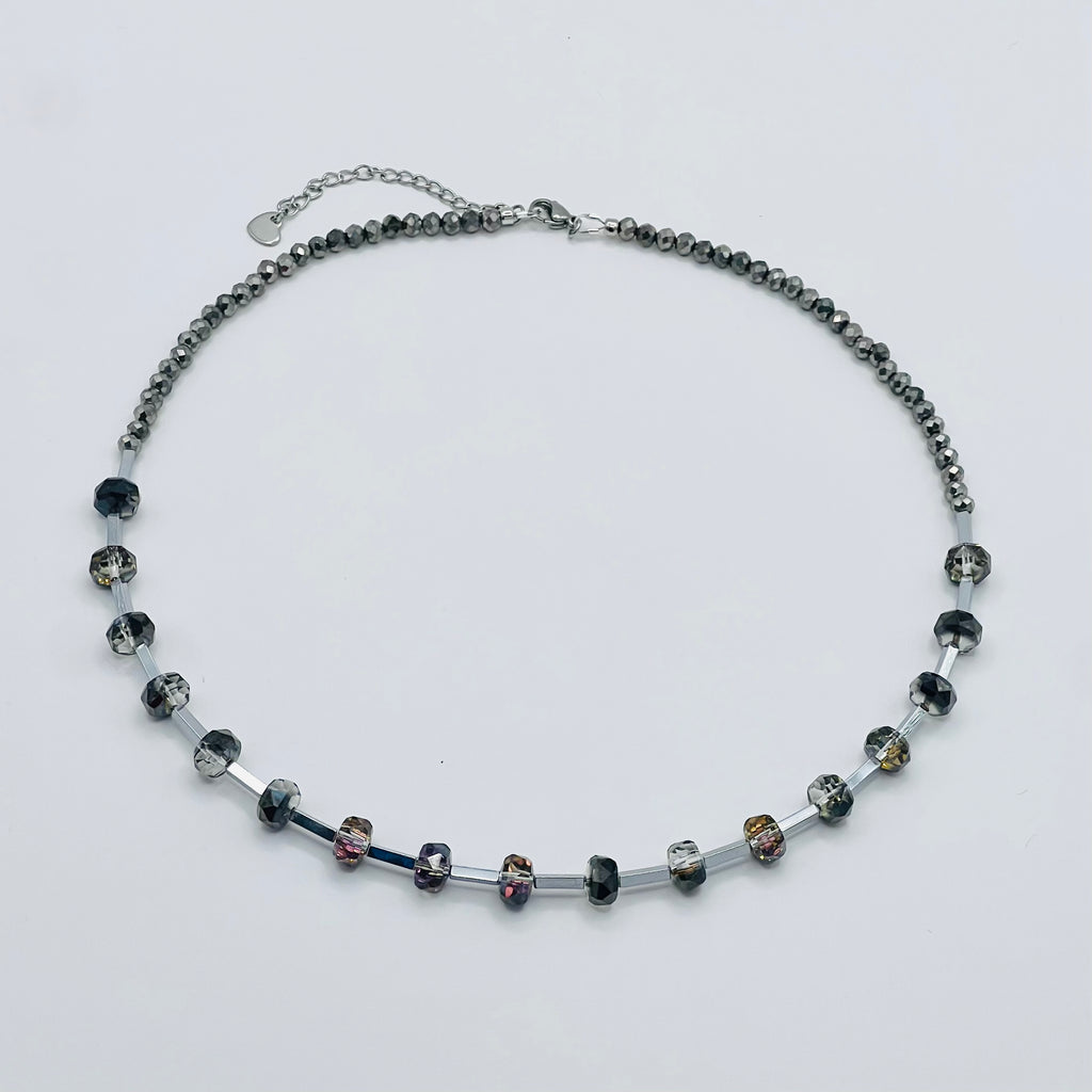 Silver & Black Faceted Crystal Glass Necklace | Silver Stainless Steel