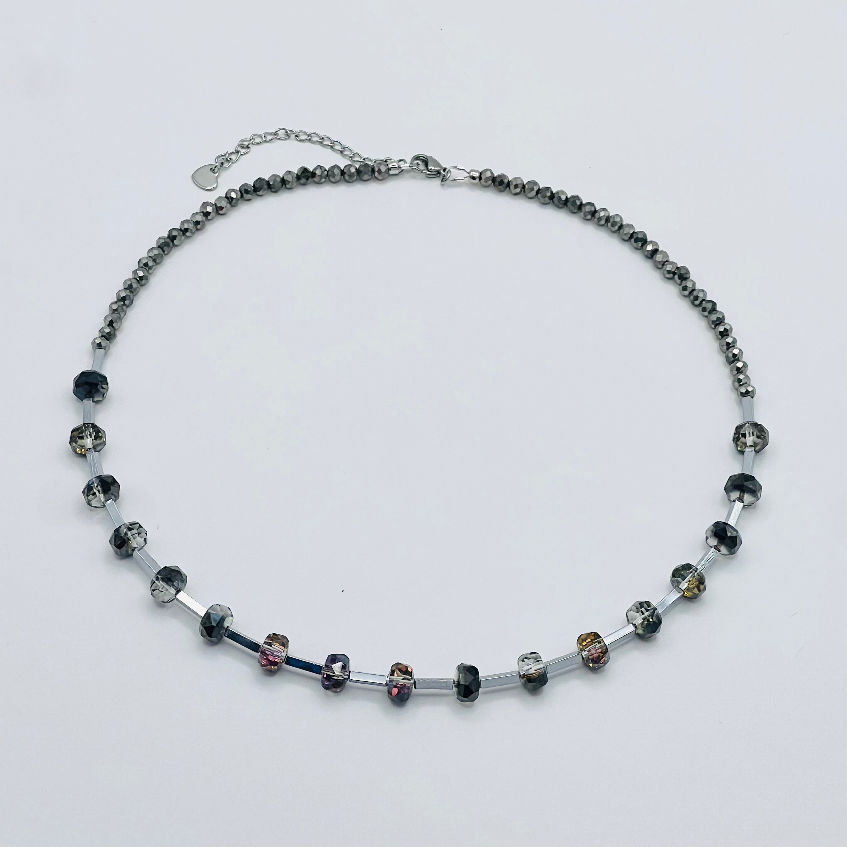 Silver & Black Faceted Crystal Glass Necklace | Silver Stainless Steel