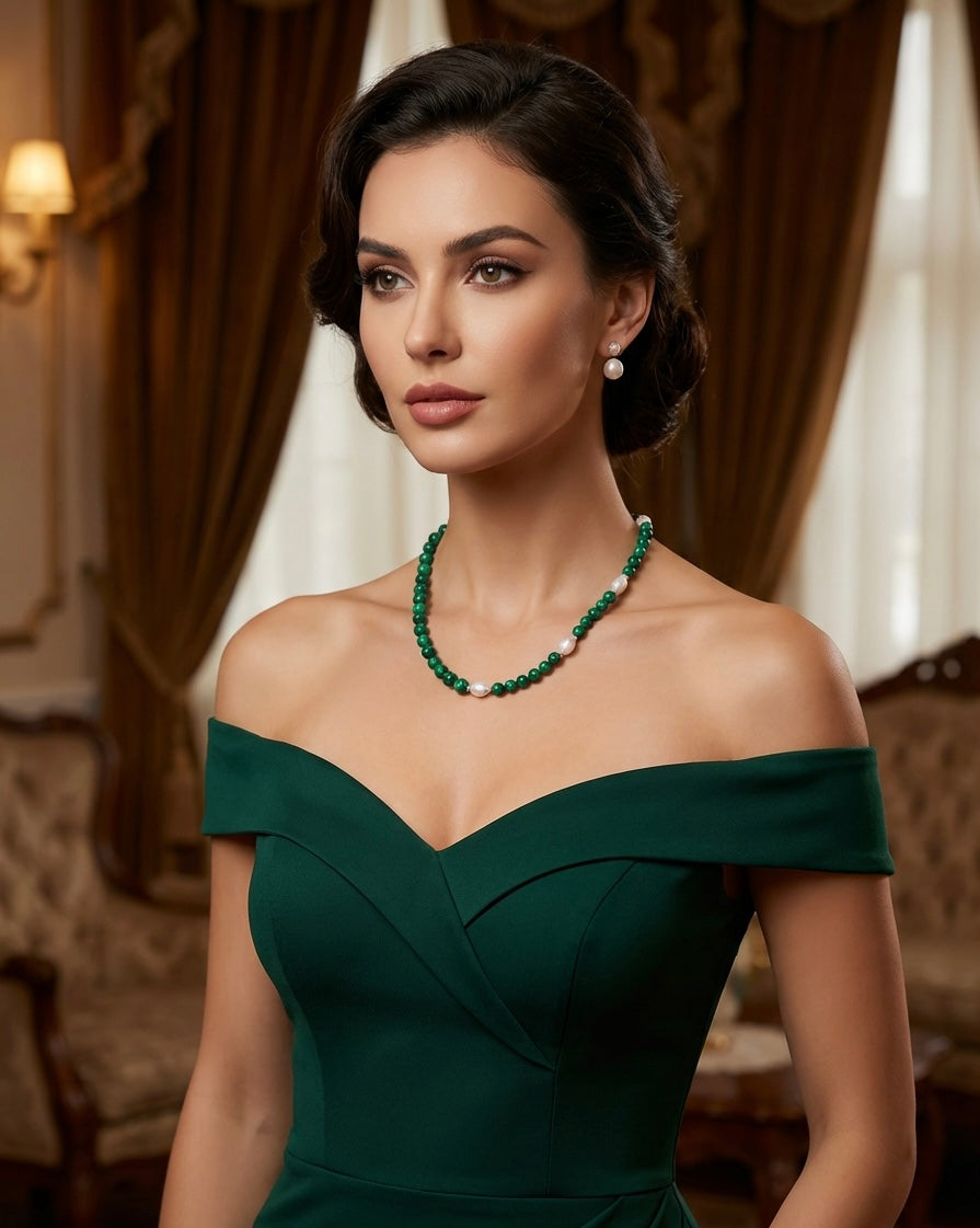 Green Malachite and Freshwater Pearl Necklace with Silver Steel