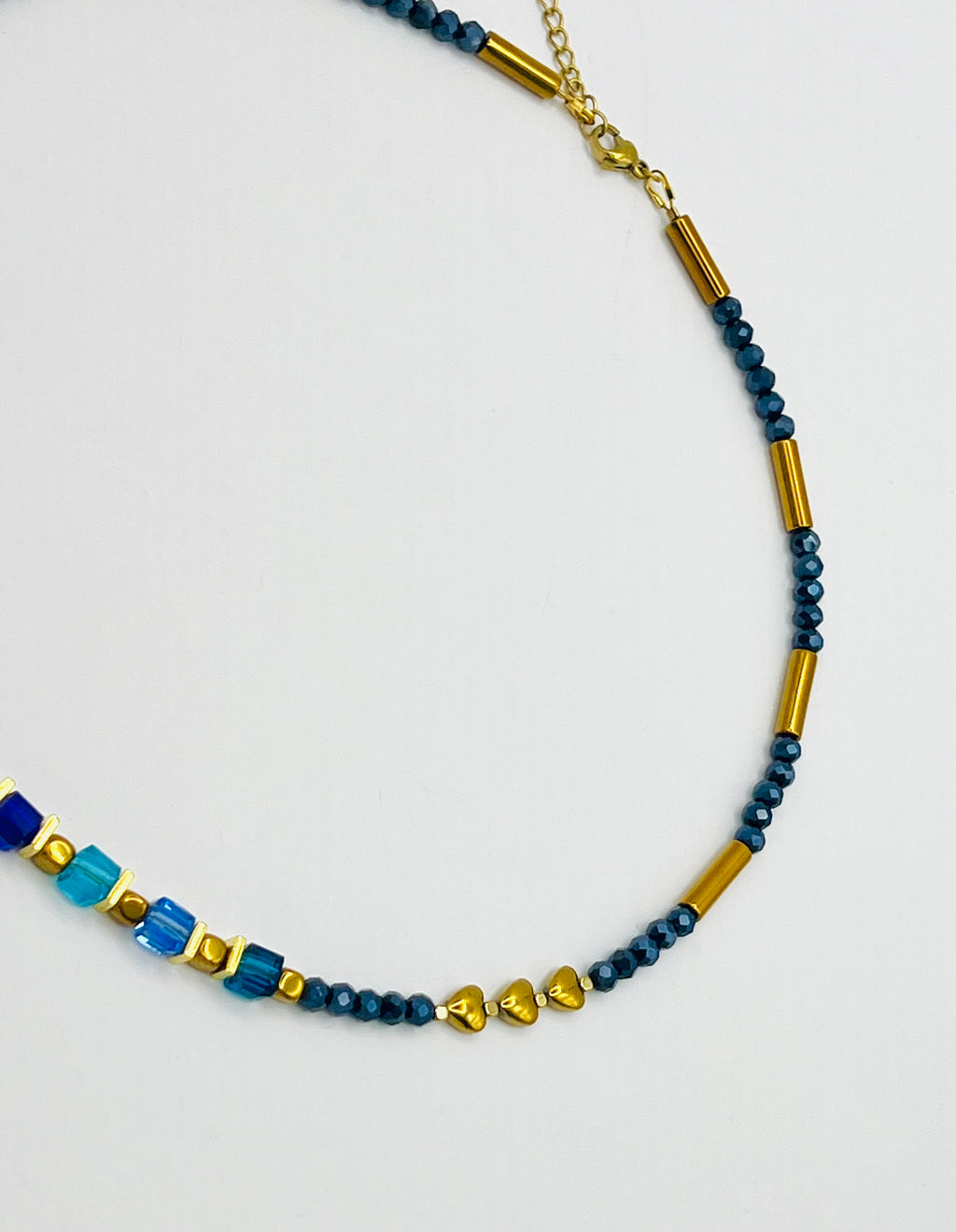 Blue & Gold Heart Crystal Glass and Stone Necklace | Gold Stainless Steel Clasp