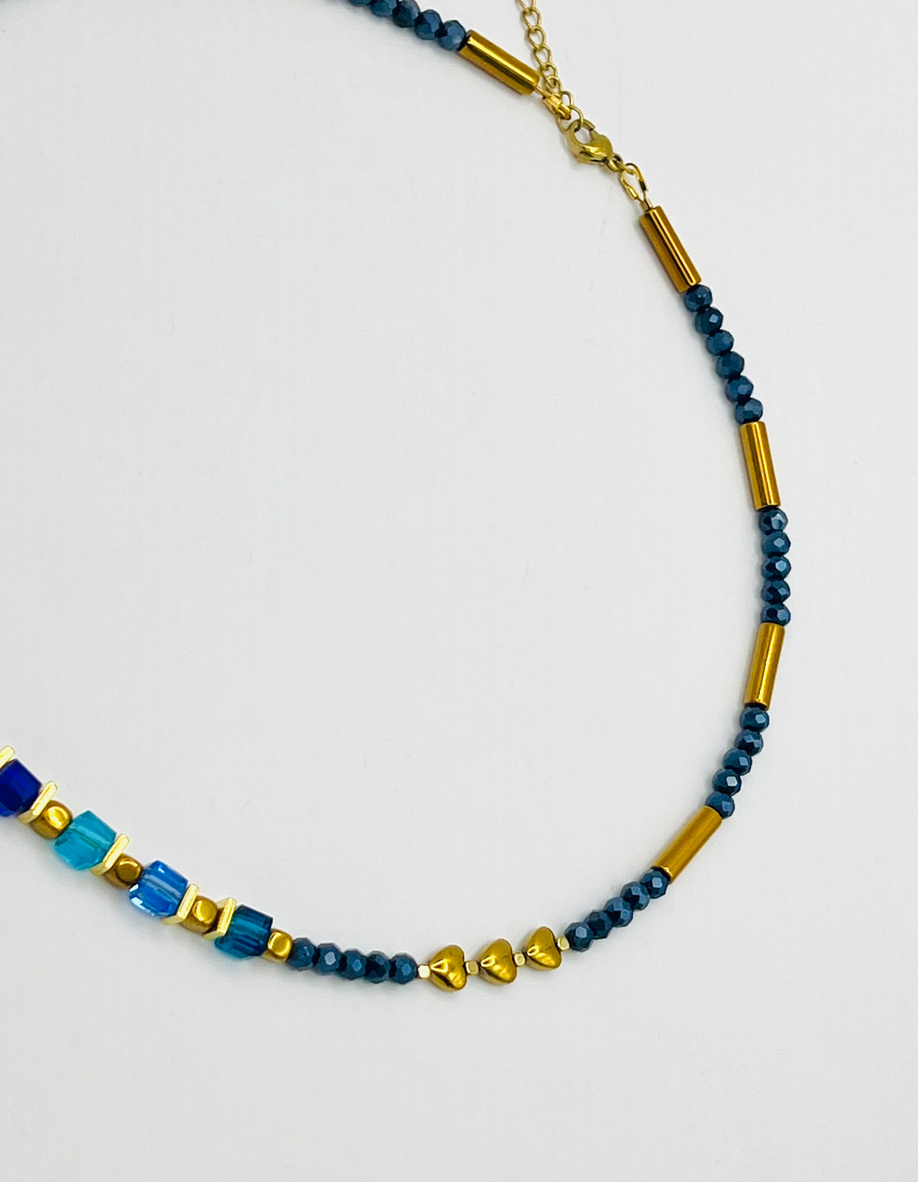 Blue & Gold Heart Crystal Glass and Stone Necklace | Gold Stainless Steel Clasp