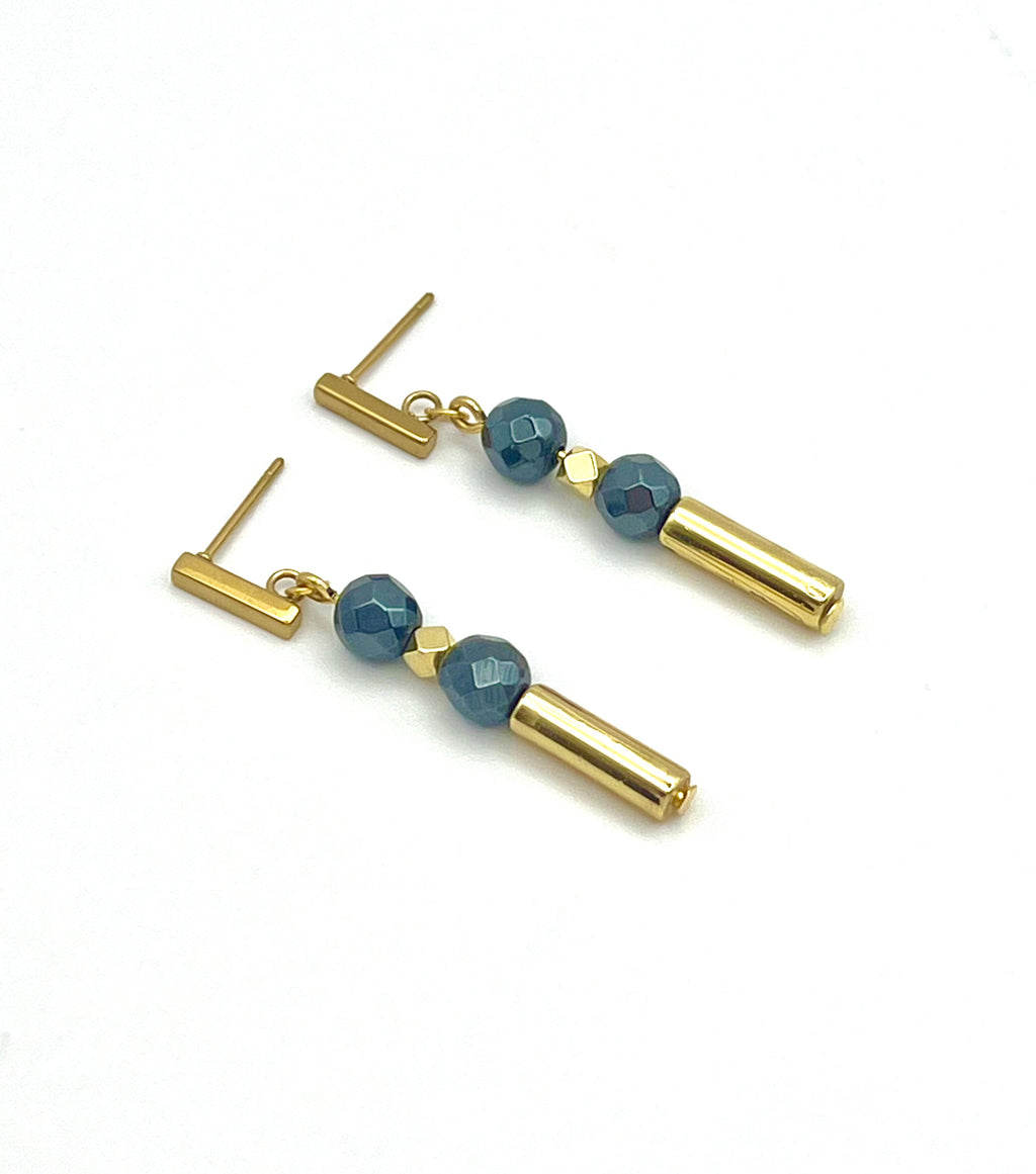Black Hematite Stone Drop Earrings | Gold Stainless Steel Jewelry