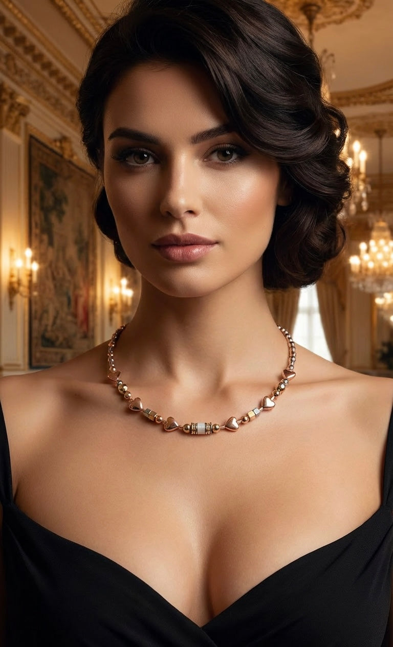 Silver, Gold & Rose Natural Stone Crystal Glass Necklace with Stainless Steel