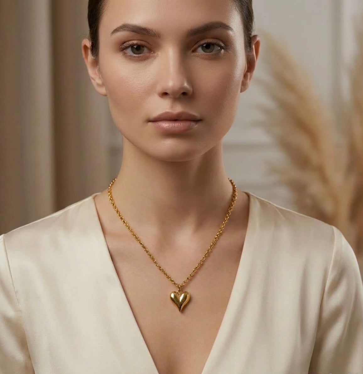 Gold Heart Pendant Necklace with Stainless Steel Chain