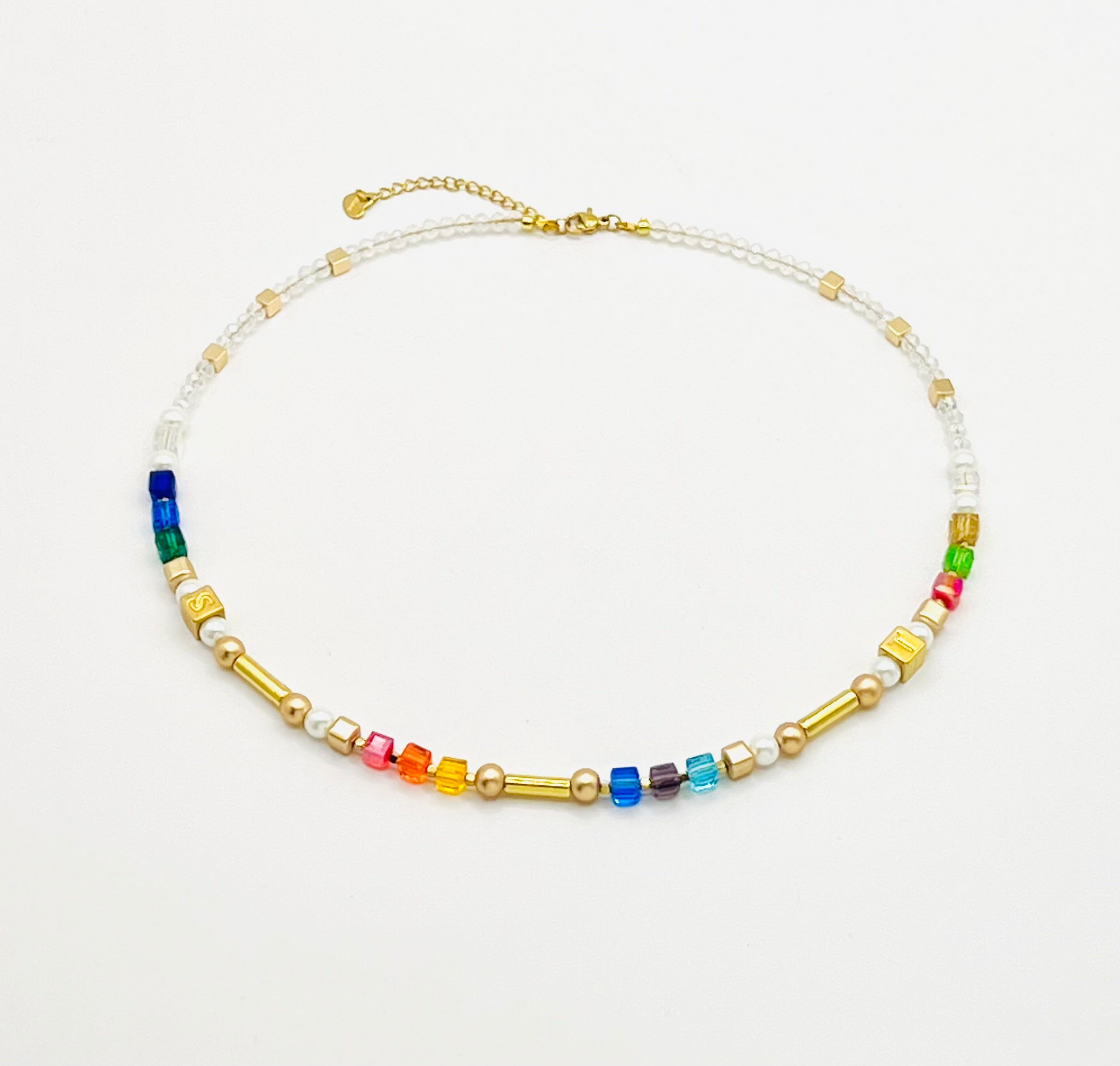 Multicolour Crystal Glass & Natural Stone Necklace | Gold Stainless Steel
