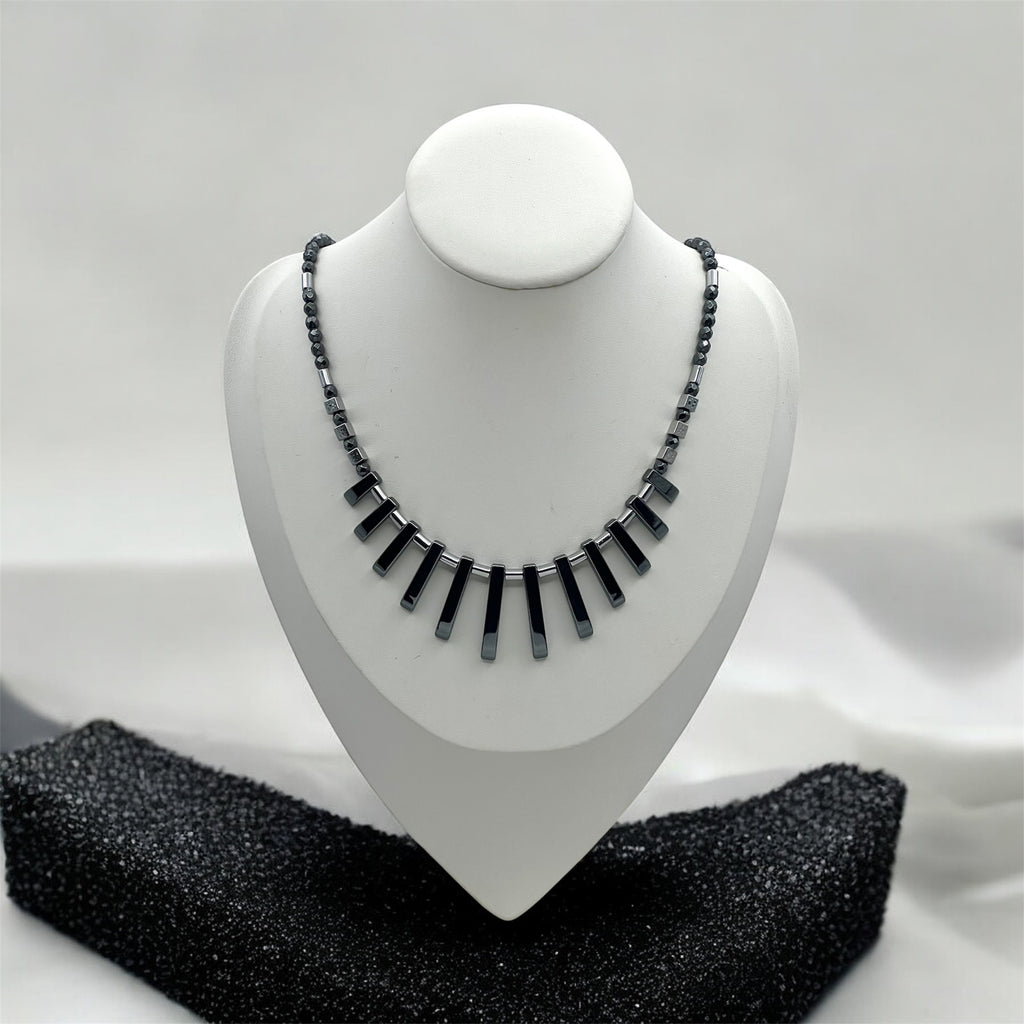 Black Natural Stones Necklace with Silver Stainless Steel – Women’s Jewelry