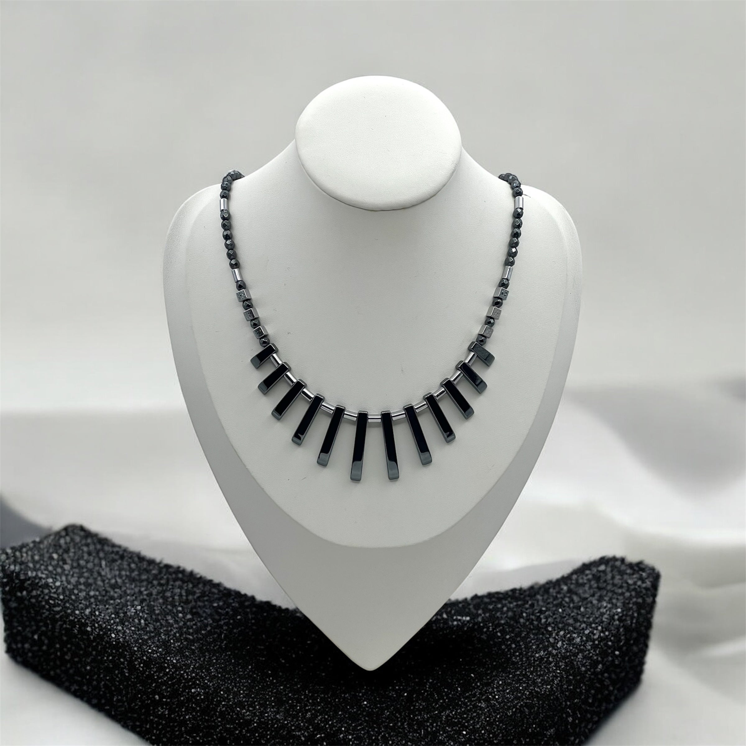 Black Natural Stones Necklace with Silver Stainless Steel – Women’s Jewelry