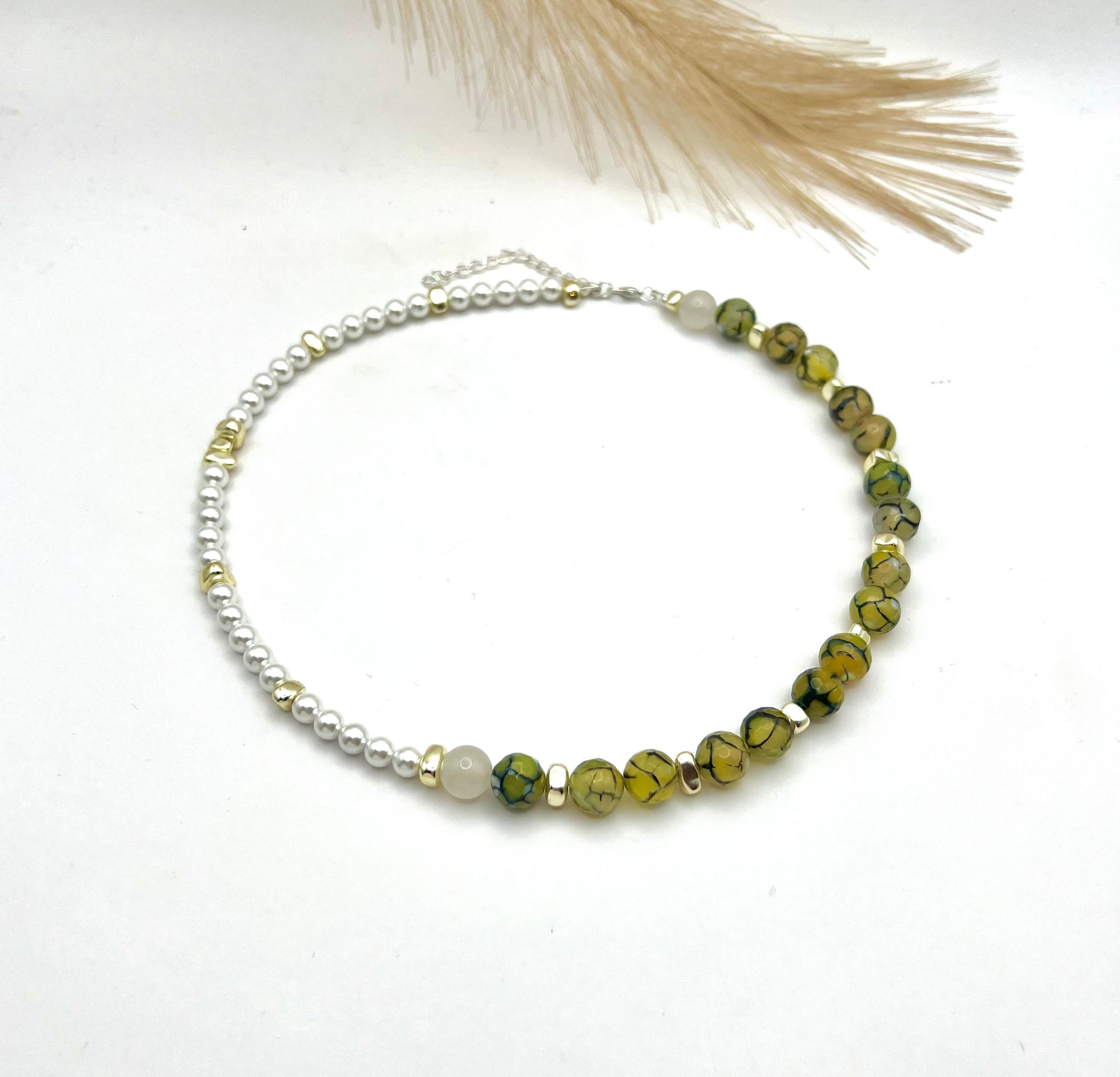 Dew Green & White National Stones Necklace, Silver-Plated, Lobster Clasp