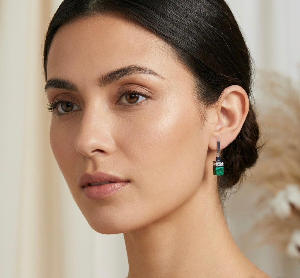 Macchiato Natural Stone Drop Earrings | Silver Stainless Steel Rectangle Stud