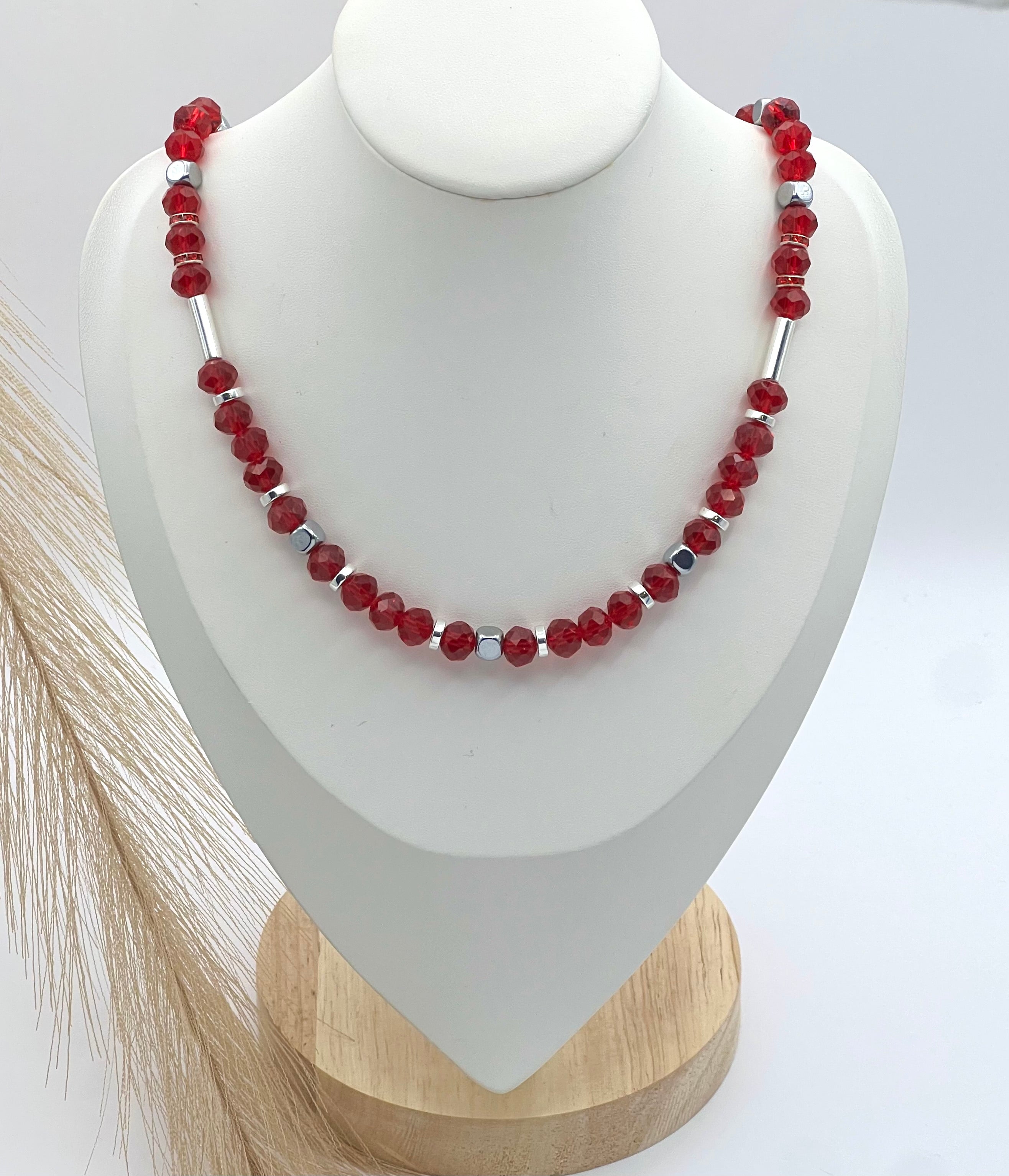 Red Crystal Glass Natural Stone Necklace with Silver Stainless Steel – Women’s Jewelry