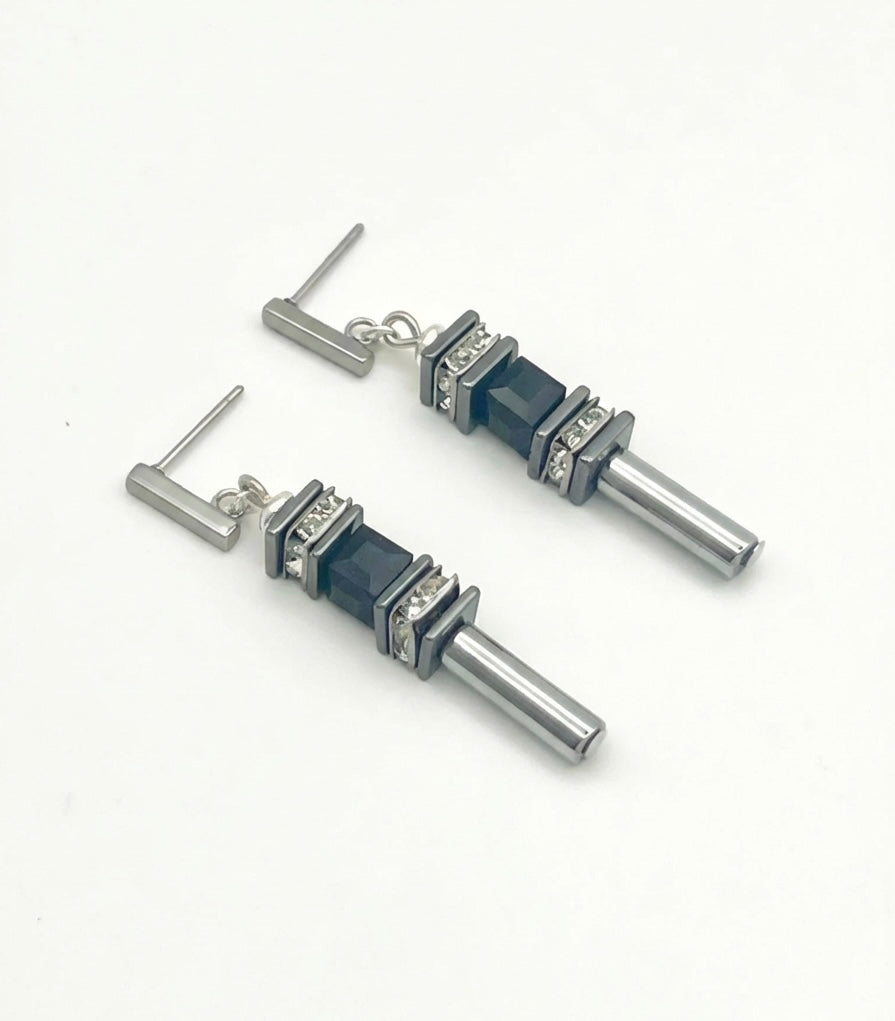 Black & Silver Cube Drop Crystal Glass Stone Earrings | Stainless Steel Studs
