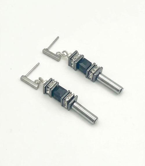 Black & Silver Cube Drop Crystal Glass Stone Earrings | Stainless Steel Studs