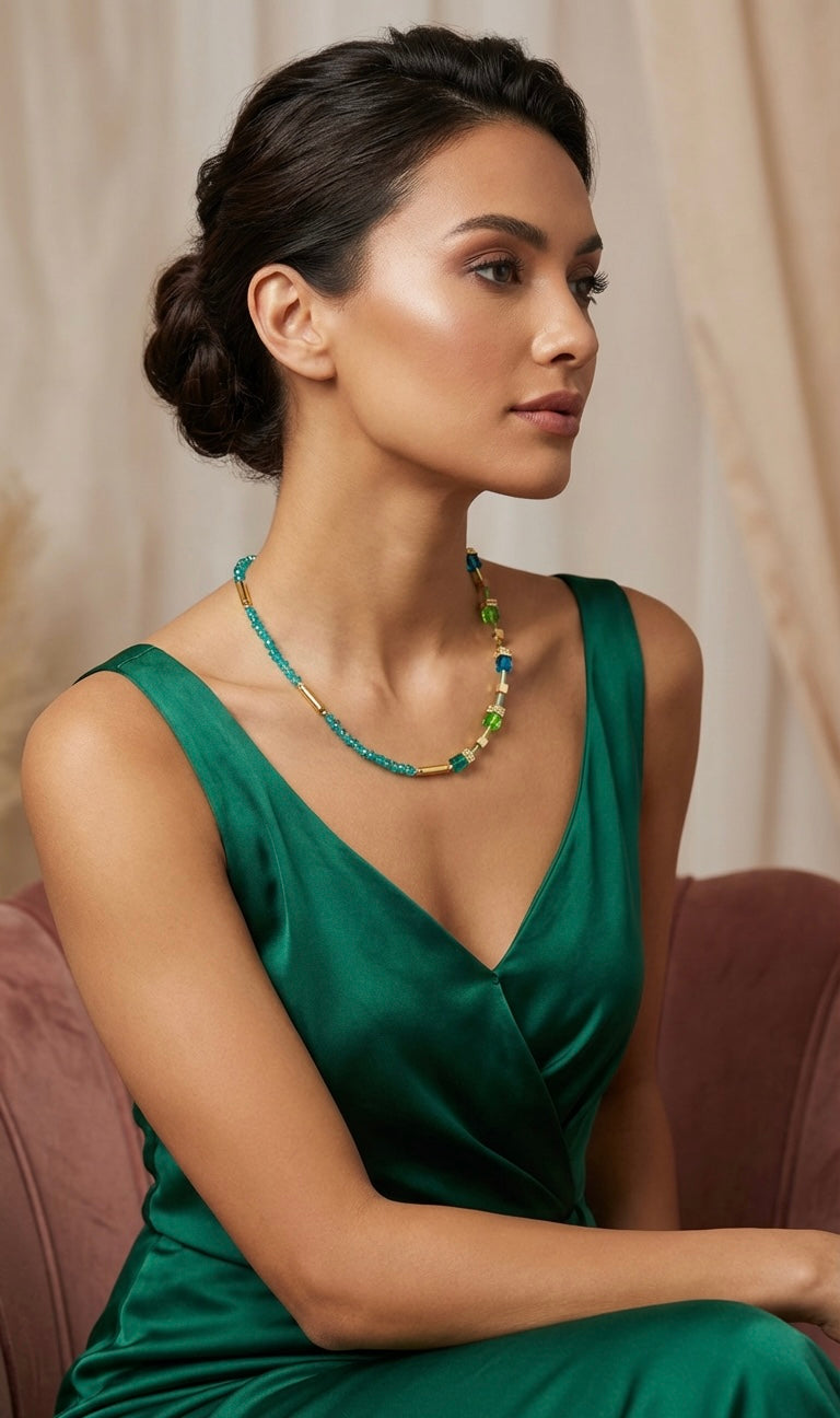 Emerald Green Crystal Glass Necklace – Gold Steel Natural Stone Jewellery