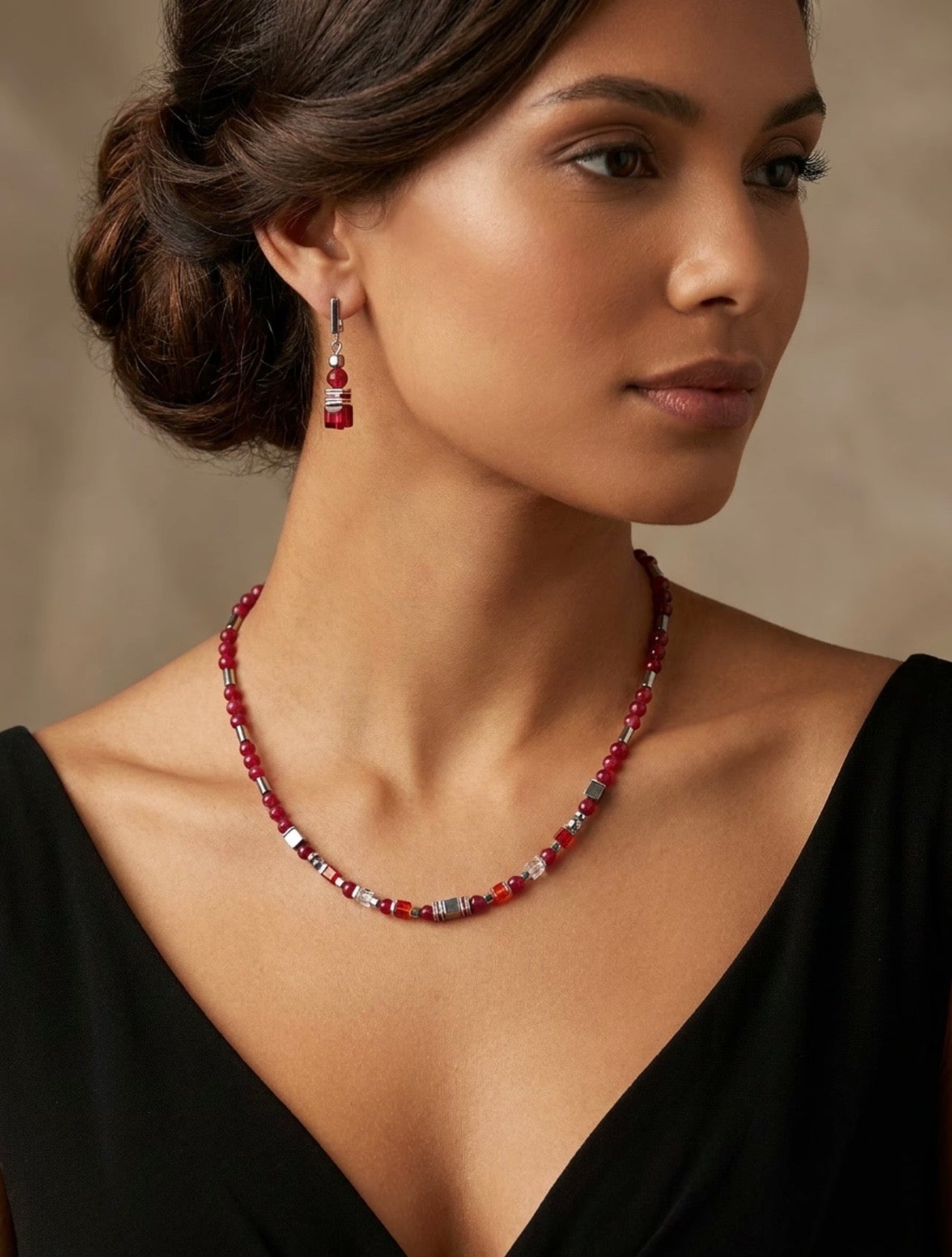 Red Crystal Glass Stone Earrings & Necklace Set – Silver Stainless Steel