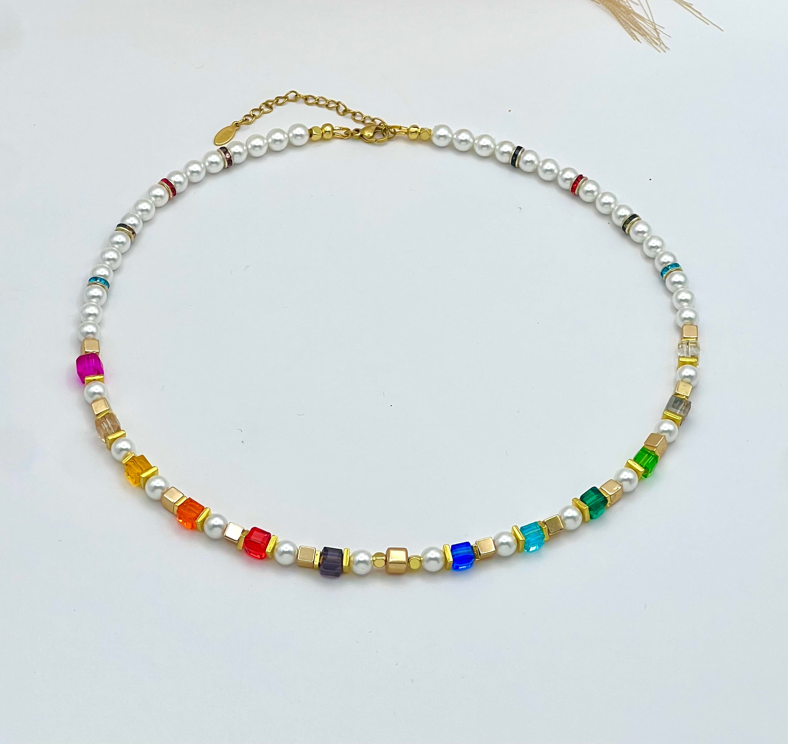 Multicolour Crystal Glass and Natural Stones Necklace for Women – Gold Finish Gift