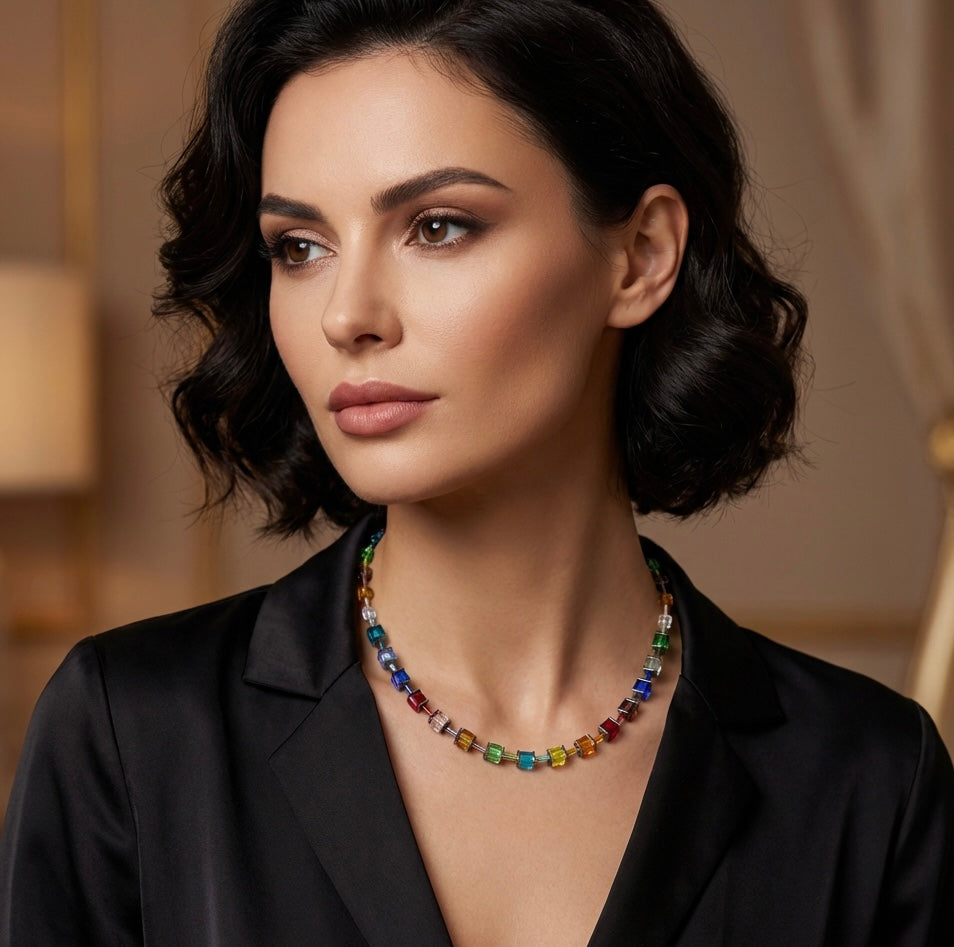 Multicolour Crystal Glass Stone Necklace | Silver Stainless Steel