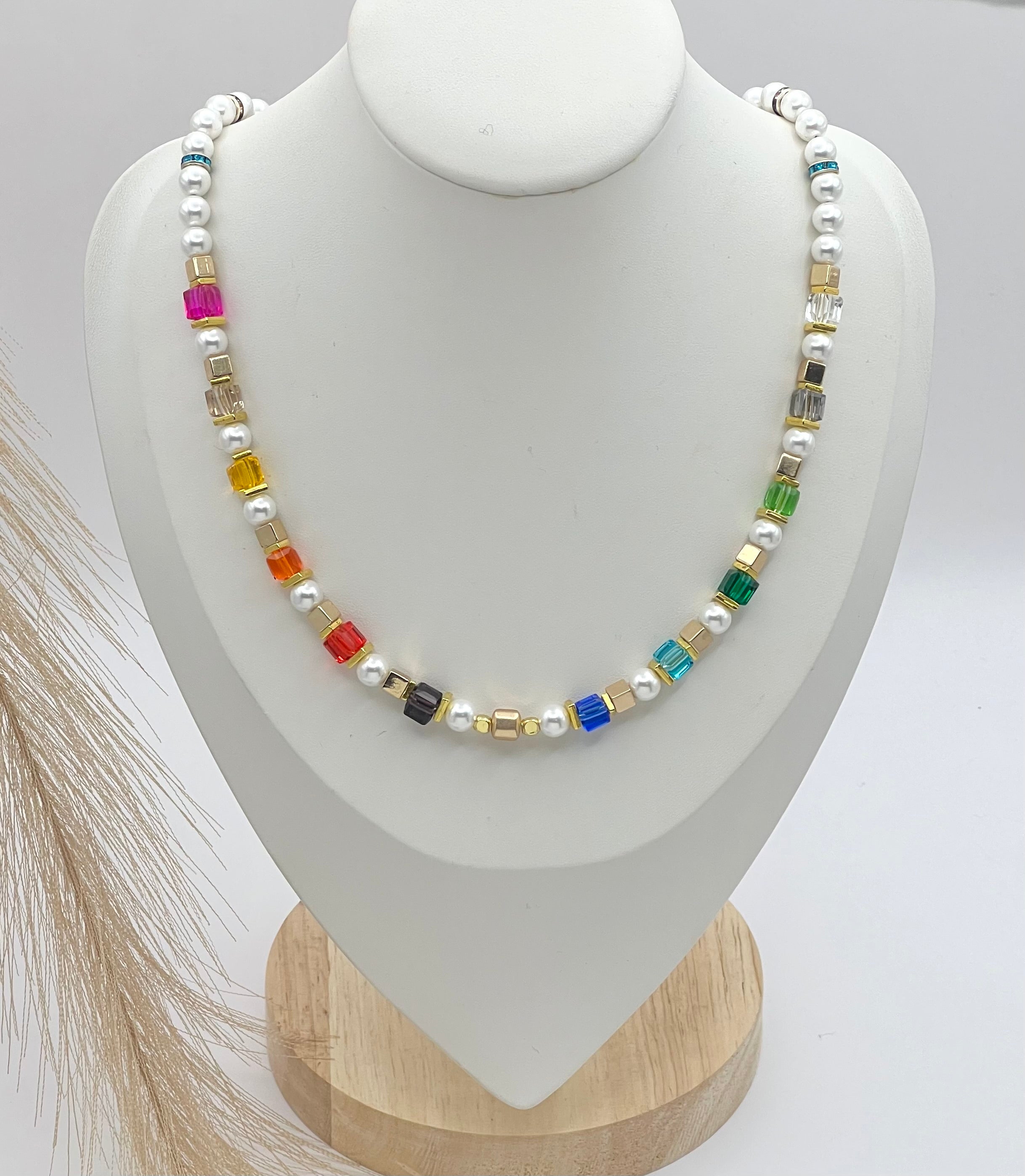 Multicolour Crystal Glass and Natural Stones Necklace for Women – Gold Finish Gift