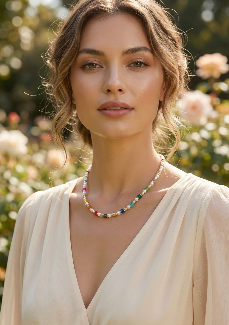 Multicolour Crystal Glass and Natural Stones Necklace for Women – Gold Finish Gift