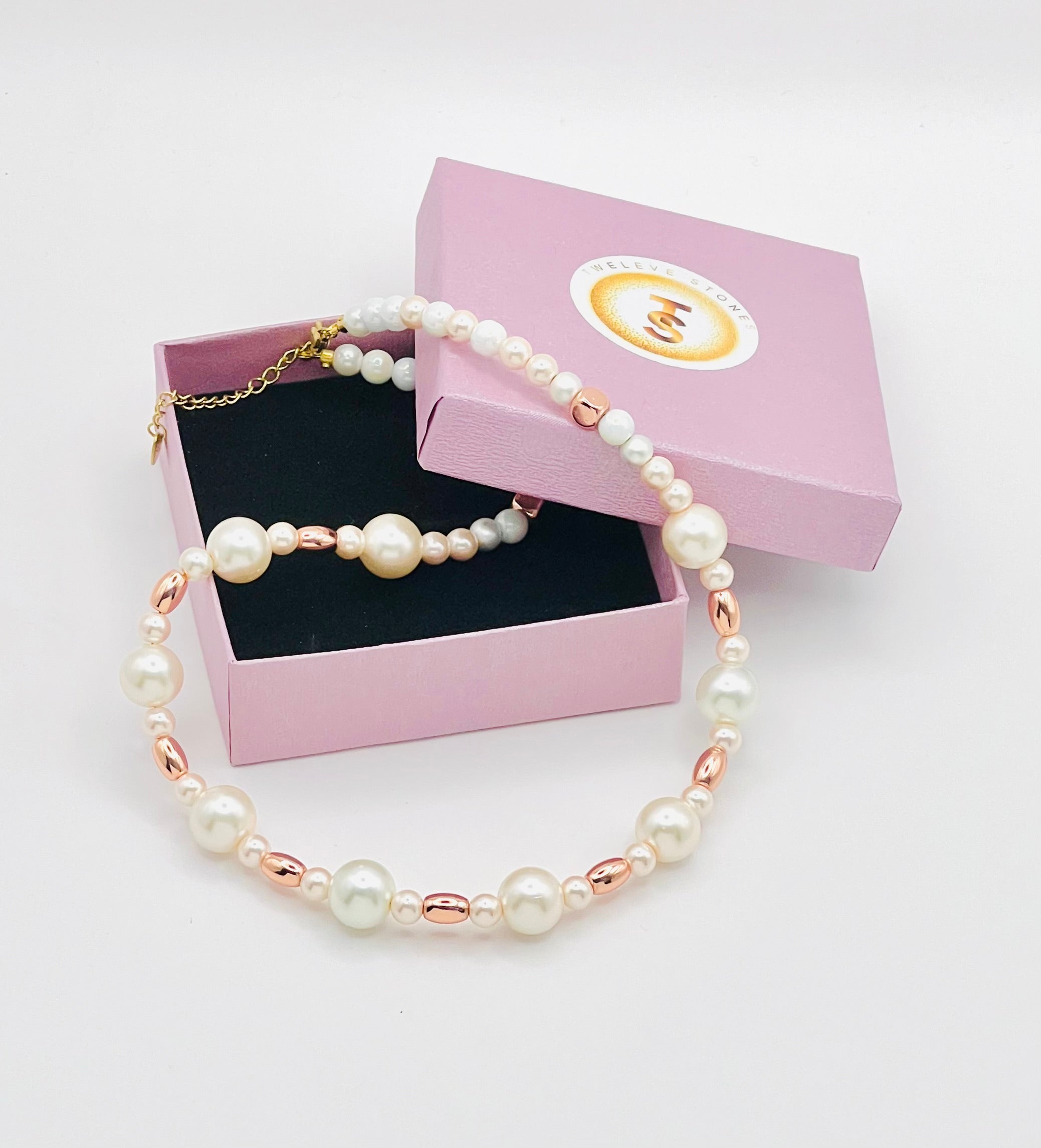Cream and Rose Gold Natural Stone Necklace with Gold Stainless Steel Clasp