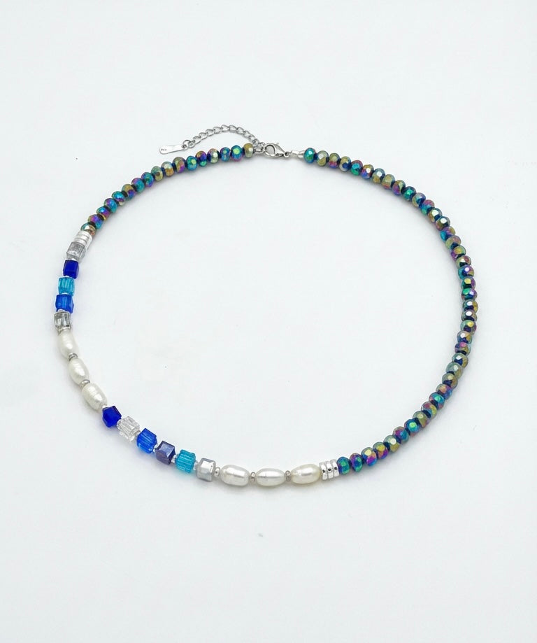 Multicolour Blue White Pearls Crystal Glass Stone Necklace Silver Steel For Women Jewellery Gift