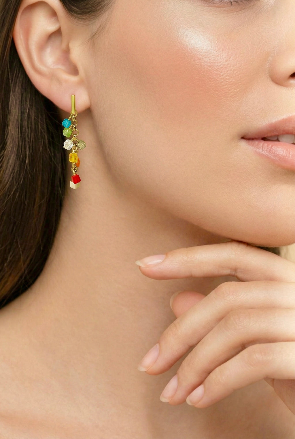 Multicolour Crystal Glass Drop Earrings in Gold-Tone Stainless Steel – Gift