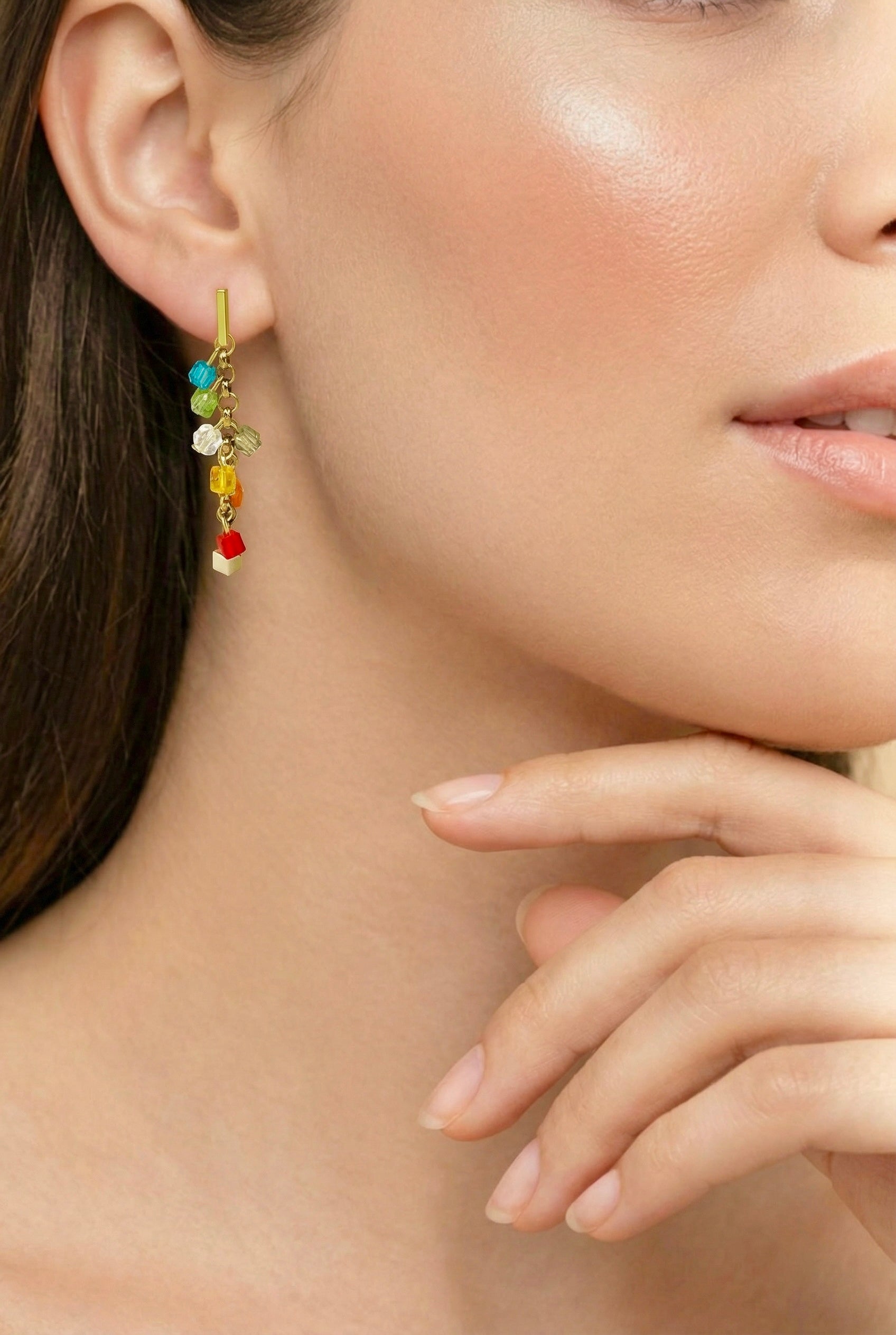 Multicolour Crystal Glass Drop Earrings in Gold-Tone Stainless Steel – Gift