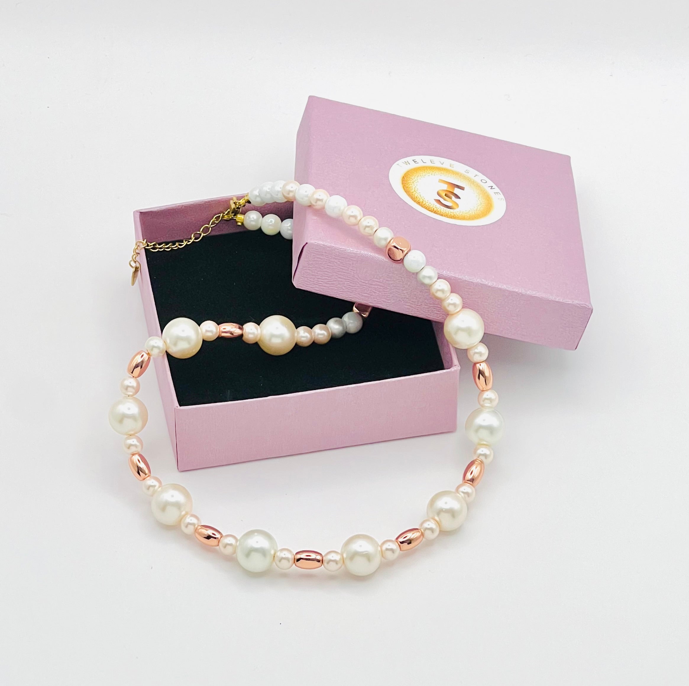 Cream and Rose Gold Natural Stone Necklace with Gold Stainless Steel Clasp