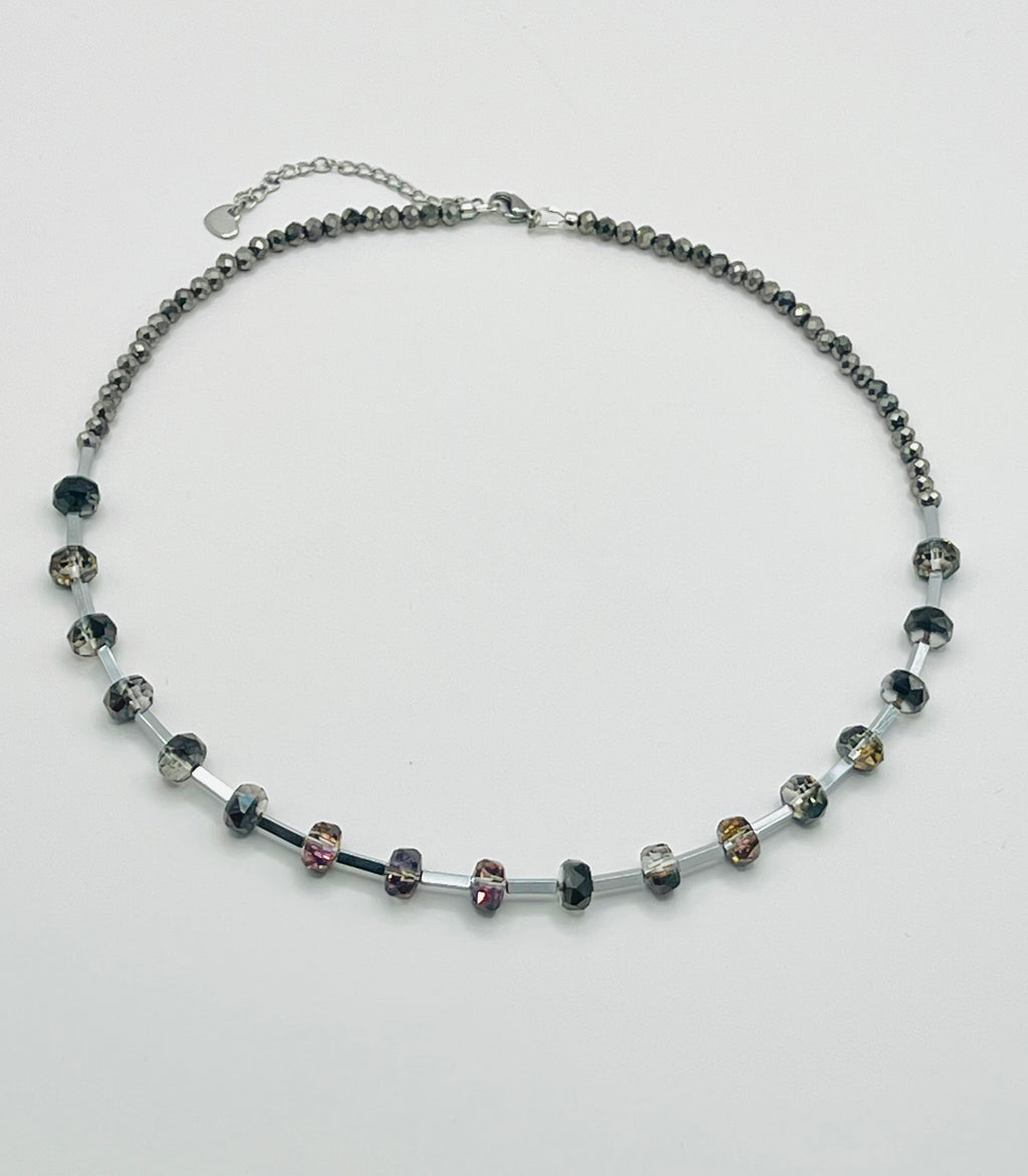 Silver & Black Faceted Crystal Glass Necklace | Silver Stainless Steel