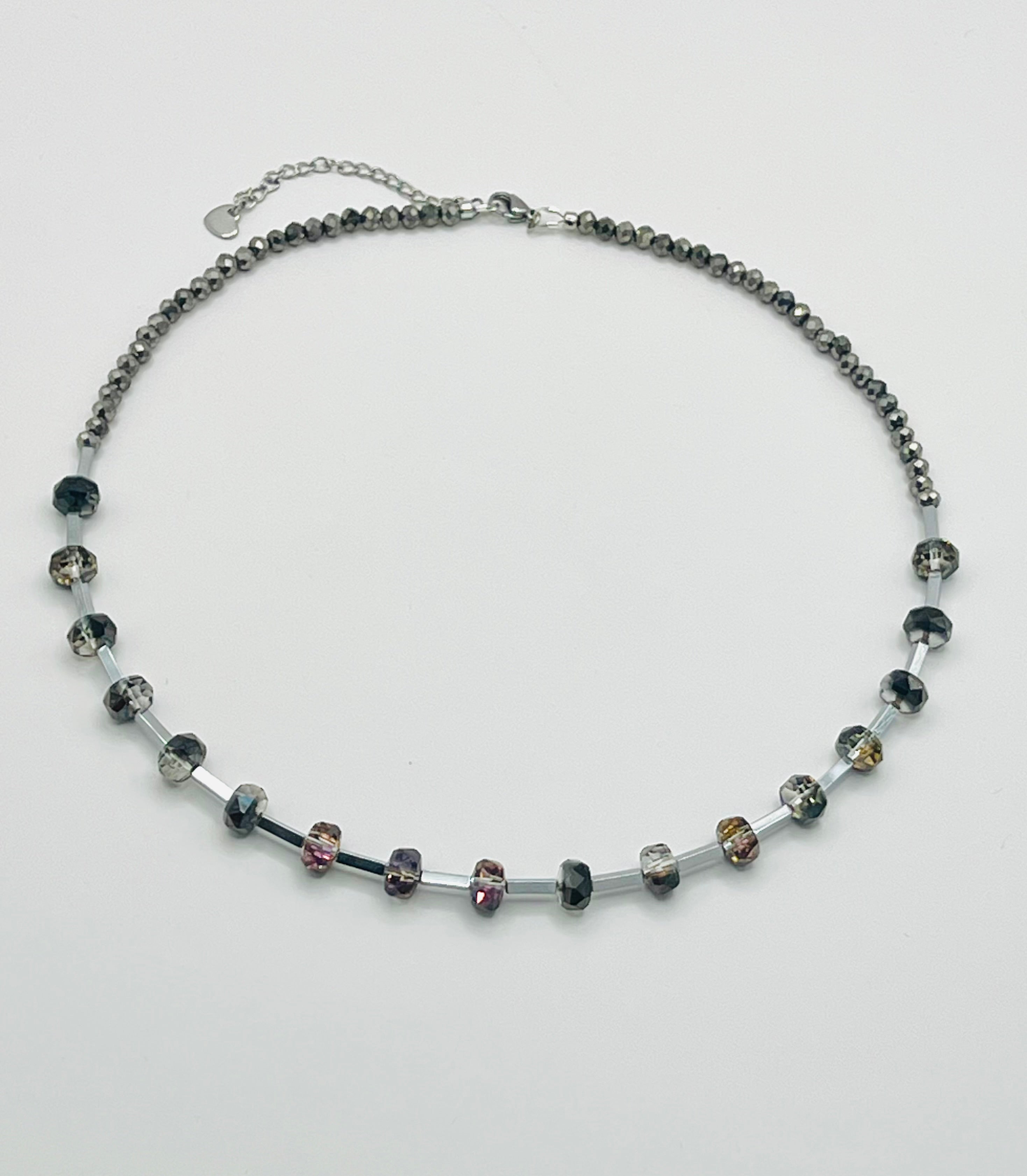Silver & Black Faceted Crystal Glass Necklace | Silver Stainless Steel