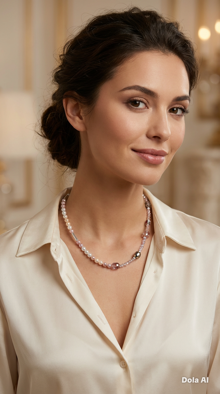 Lily of the Valley - Light pink and grey crystal glass stones necklace with a silver-plated lobster clasp