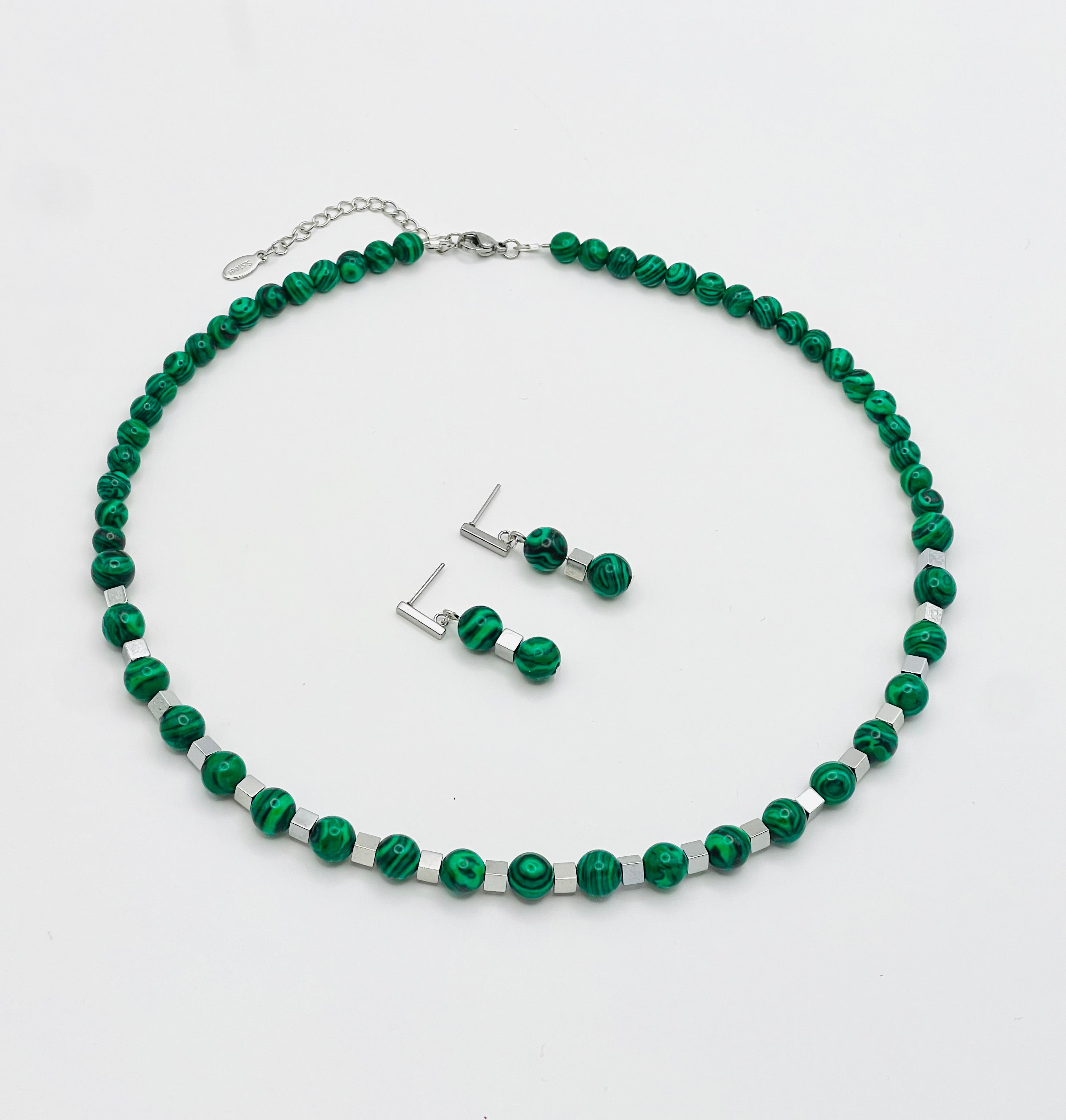 Green Malachite Natural Stone Necklace And Earrings Set– Silver Stainless Steel