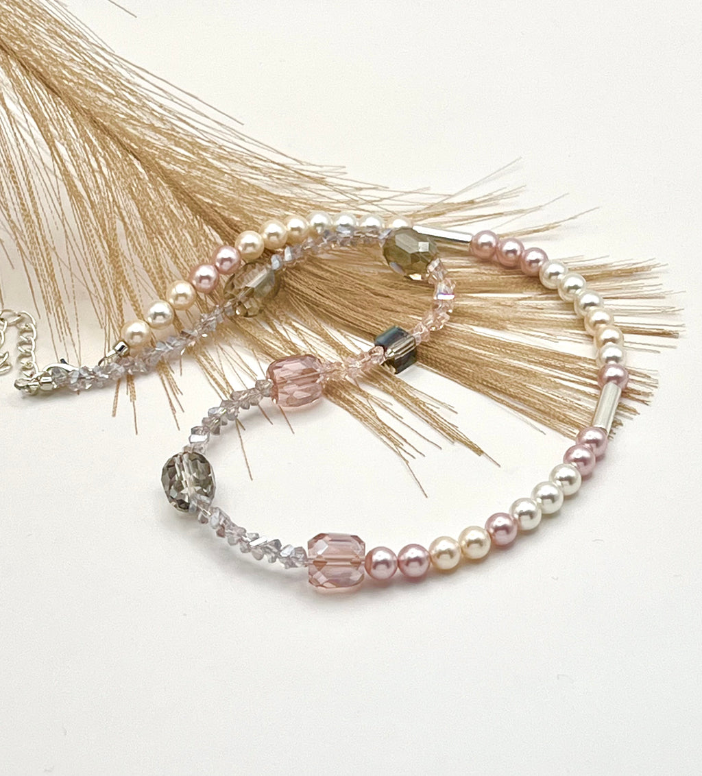 Lily of the Valley - Light pink and grey crystal glass stones necklace with a silver-plated lobster clasp