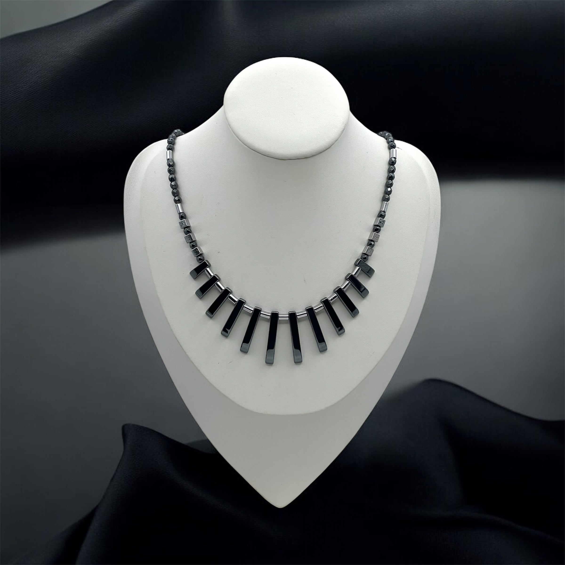 Black Natural Stones Necklace with Silver Stainless Steel – Women’s Jewelry