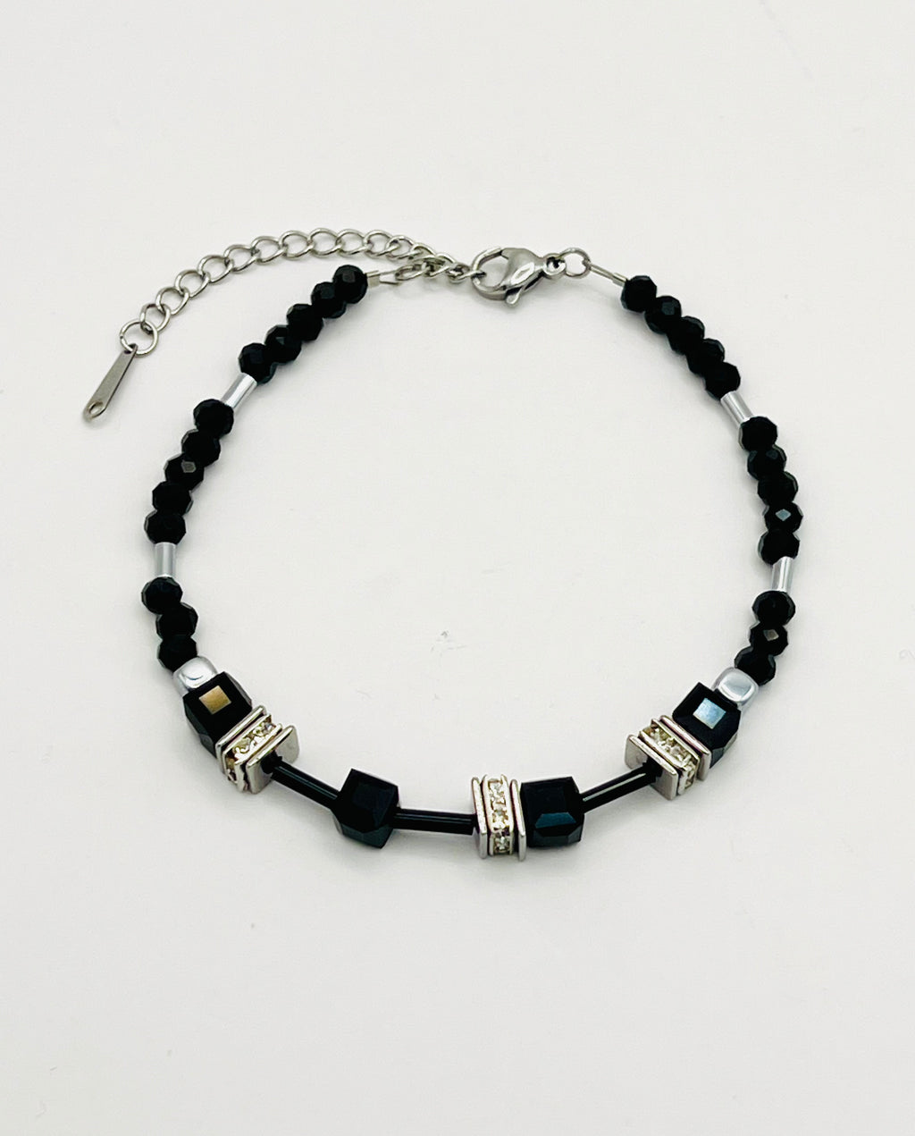 Black Crystal glass cube beads bracelet silver steel
