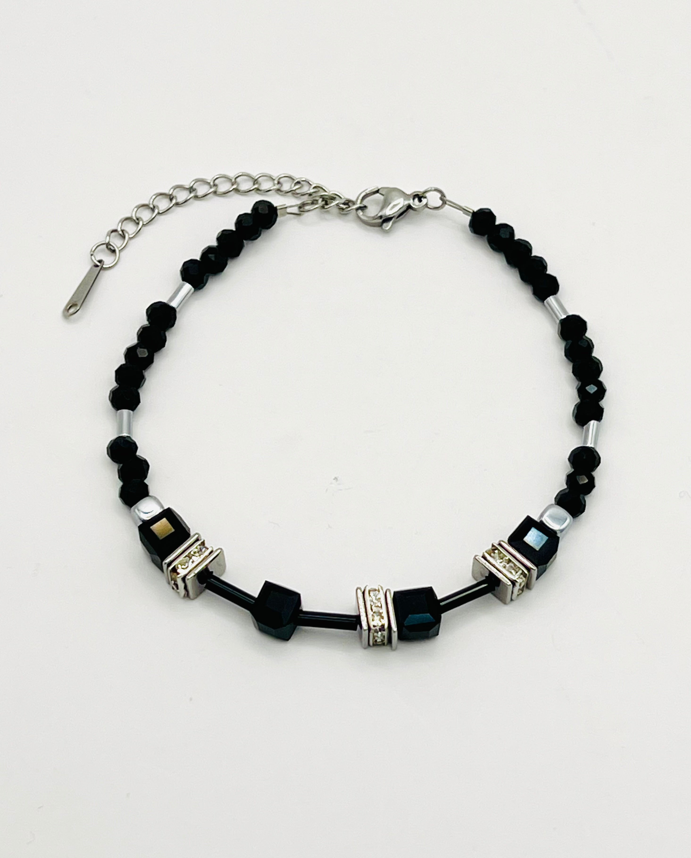Black Crystal glass cube beads bracelet silver steel