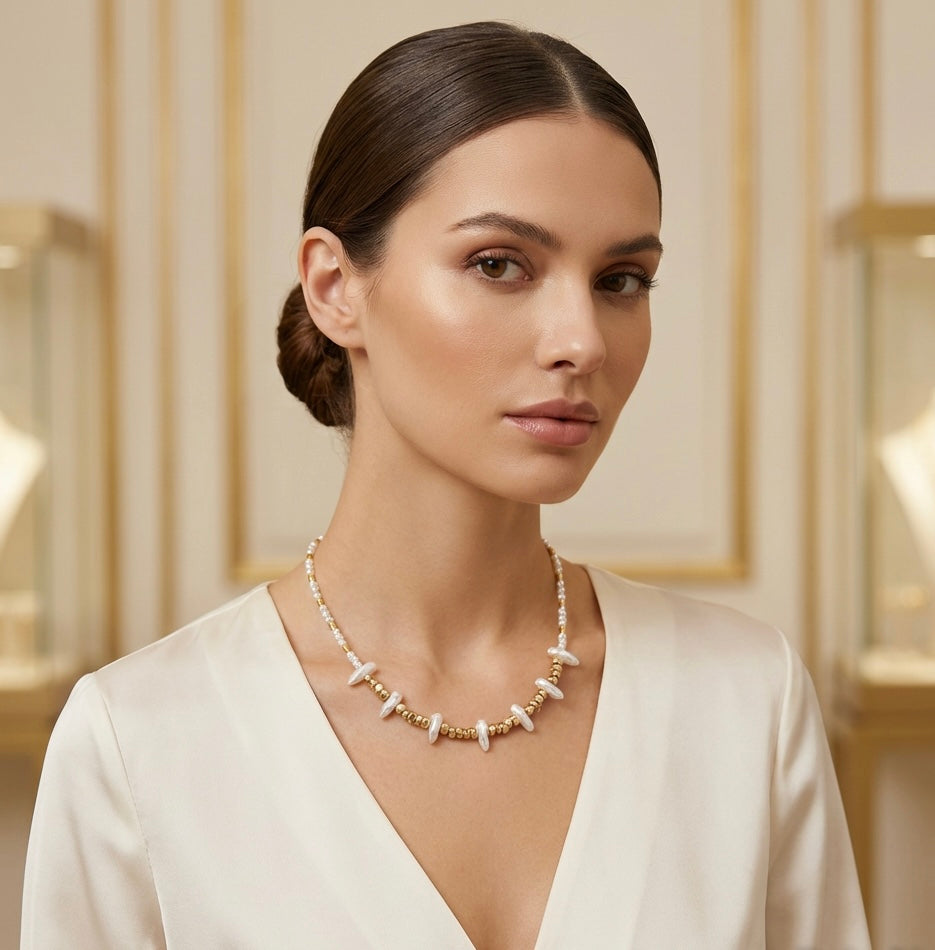 Gold & White Natural Stone Necklace | Stainless Steel