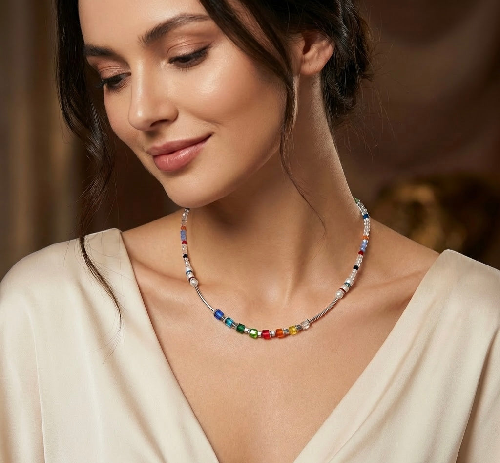 Multicolour & Clear Crystal Glass Necklace | Silver-Plated Steel Clasp