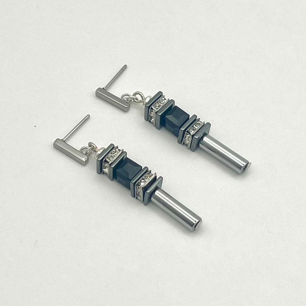 Black & Silver Cube Drop Crystal Glass Stone Earrings | Stainless Steel Studs
