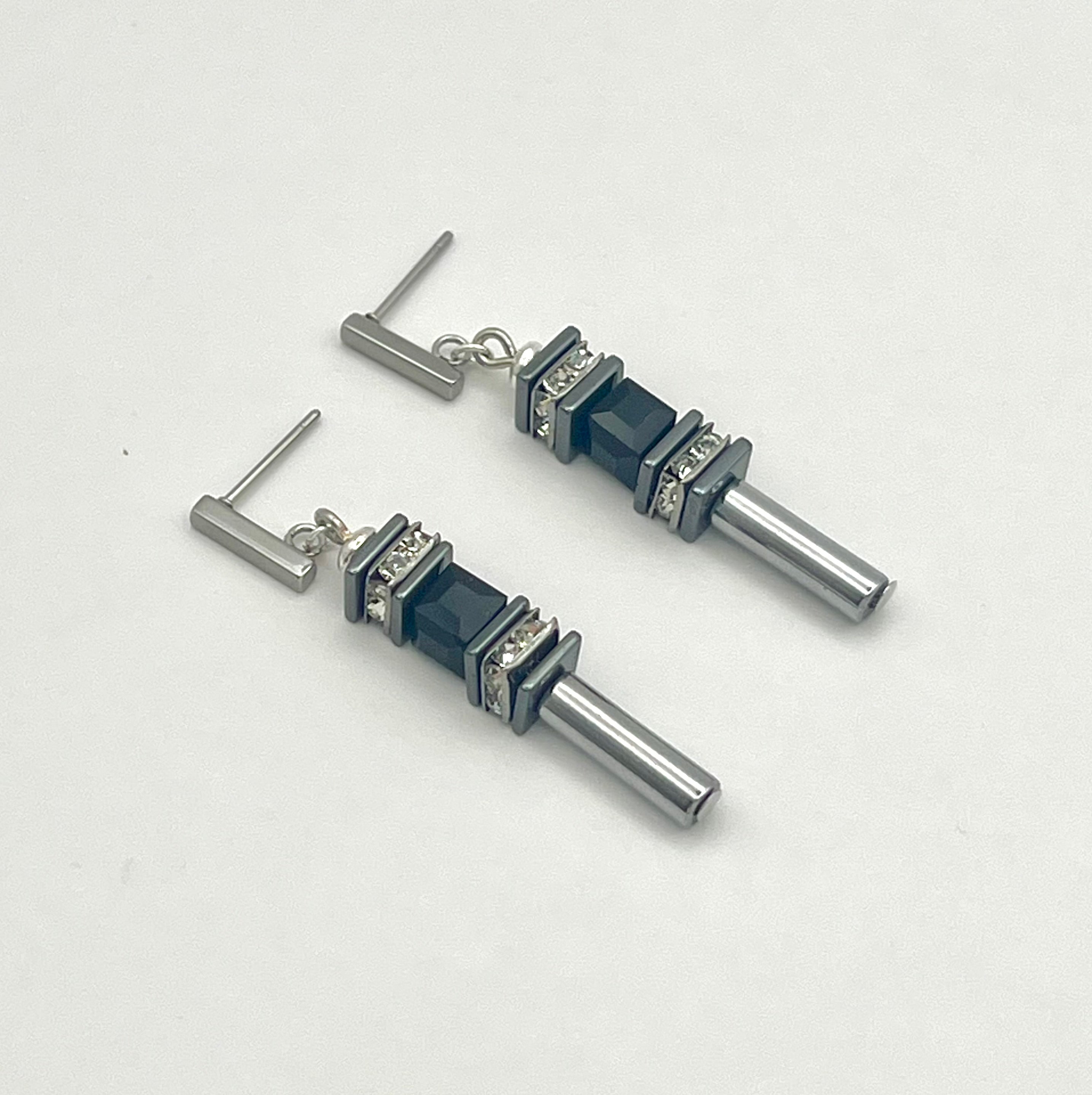 Black & Silver Cube Drop Crystal Glass Stone Earrings | Stainless Steel Studs