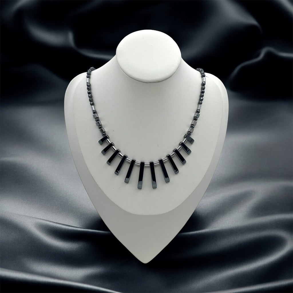 Black Natural Stones Necklace with Silver Stainless Steel – Women’s Jewelry