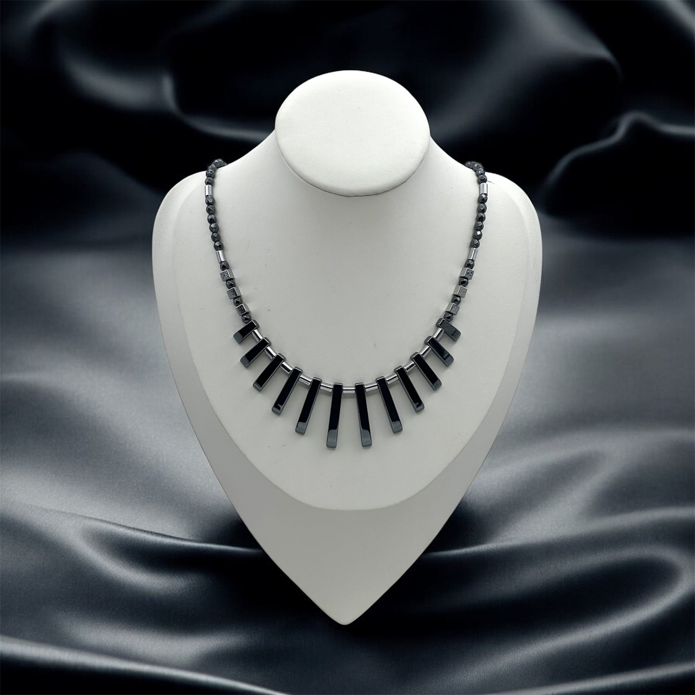 Black Natural Stones Necklace with Silver Stainless Steel – Women’s Jewelry