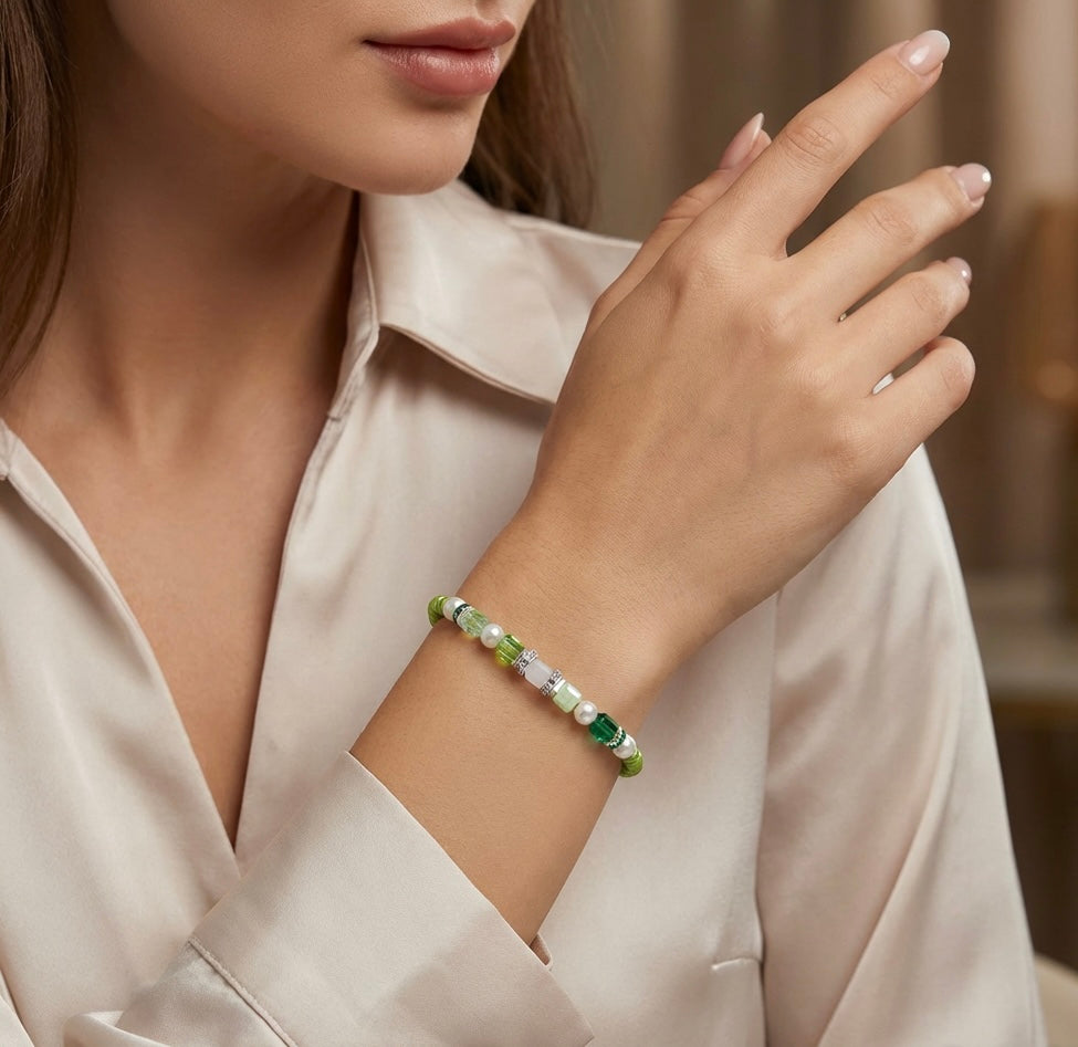 Green Crystal Glass Stone Bracelet with Silver Stainless Steel