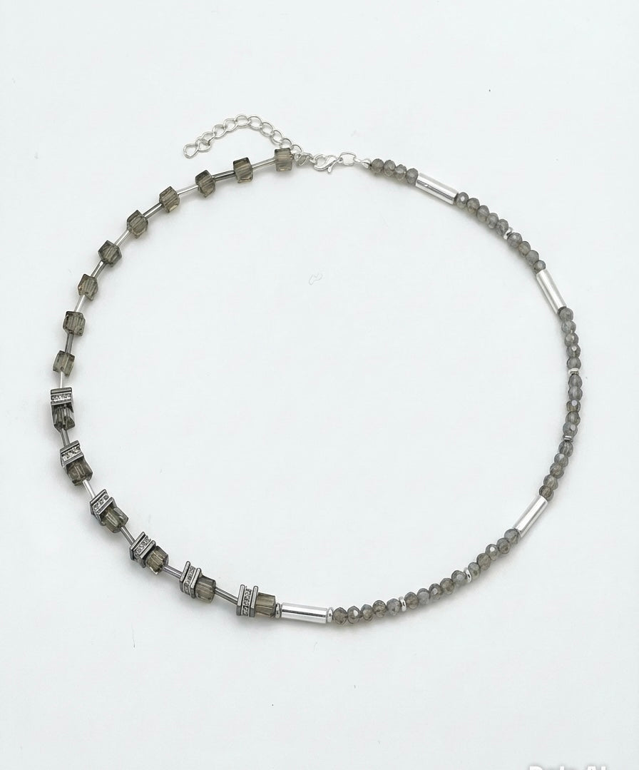 Elegant Ash Grey Crystal Glass Necklace | Silver-Plated Clasp