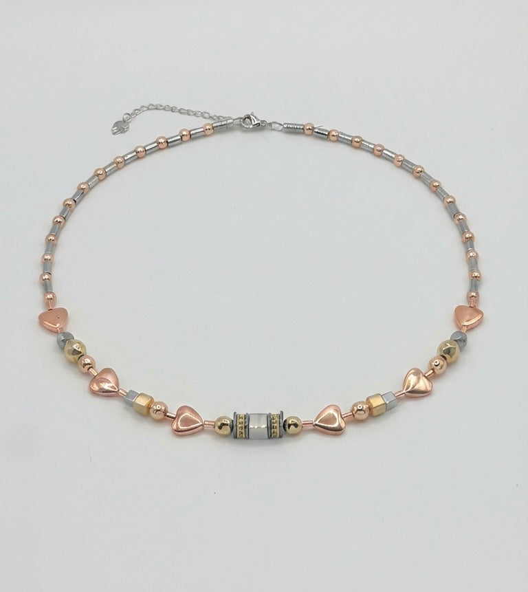 Silver, Gold & Rose Natural Stone Crystal Glass Necklace with Stainless Steel