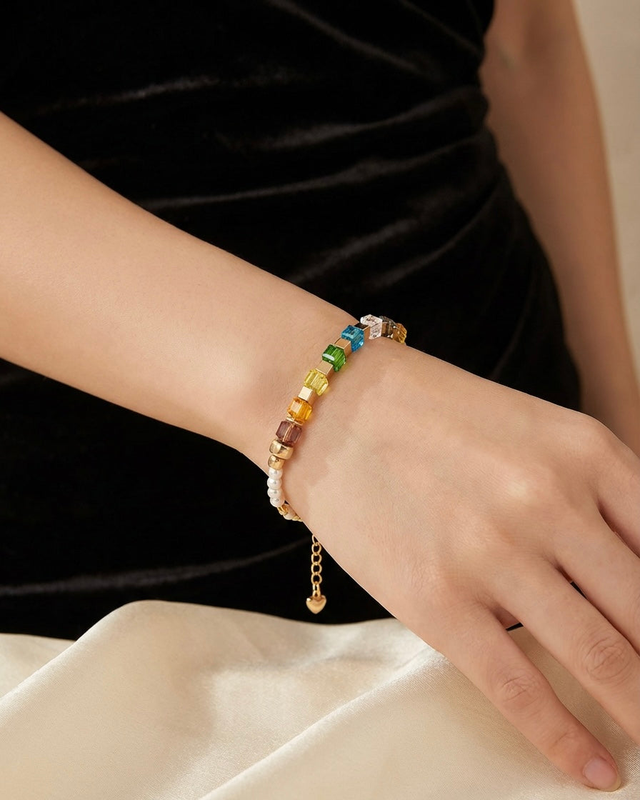 Multicolour Cube Crystal & Natural Stone Bracelet | Gold Stainless Steel