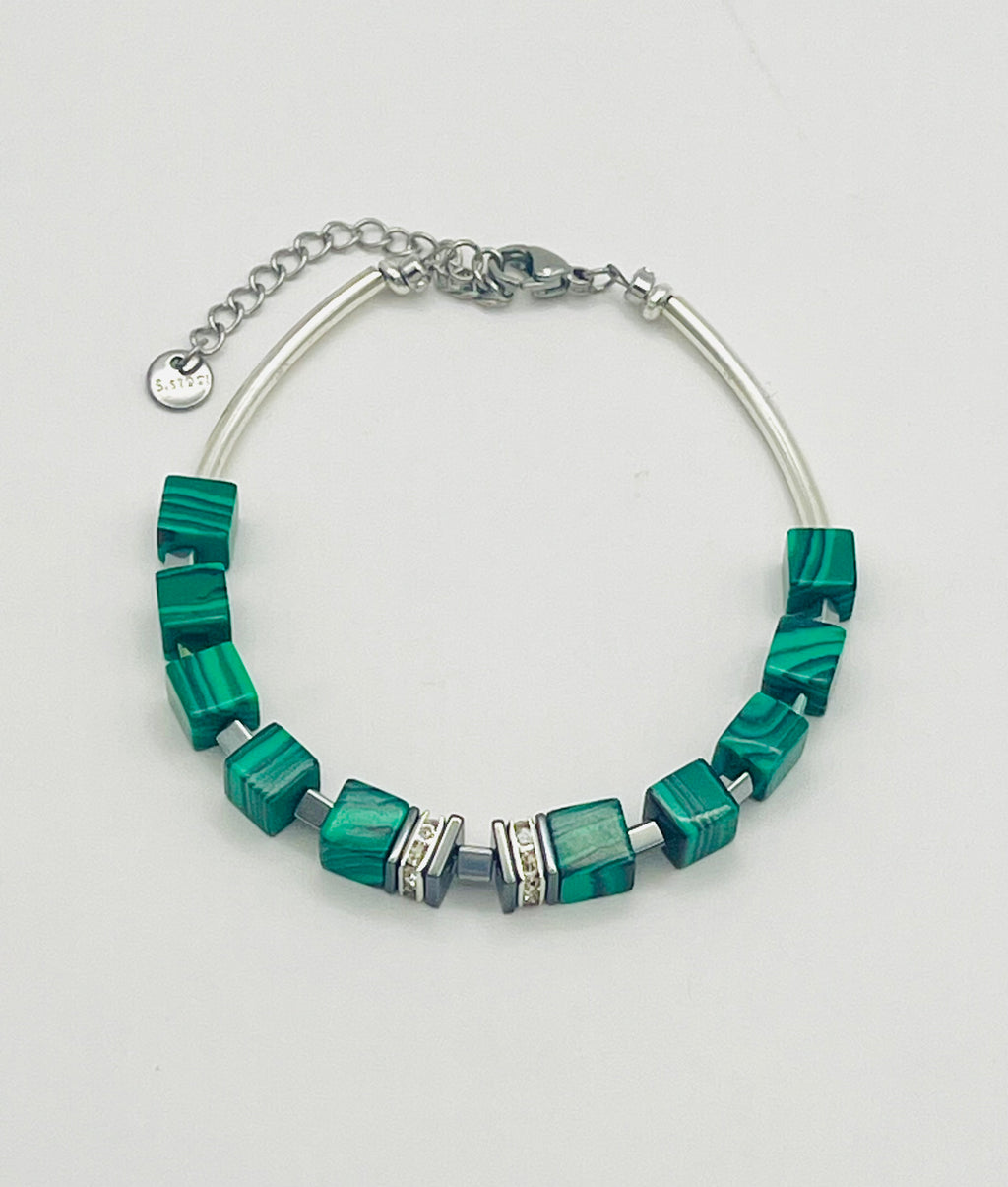 Green Malachite Stone Bracelet | Silver-Plated Steel Lobster Claspl