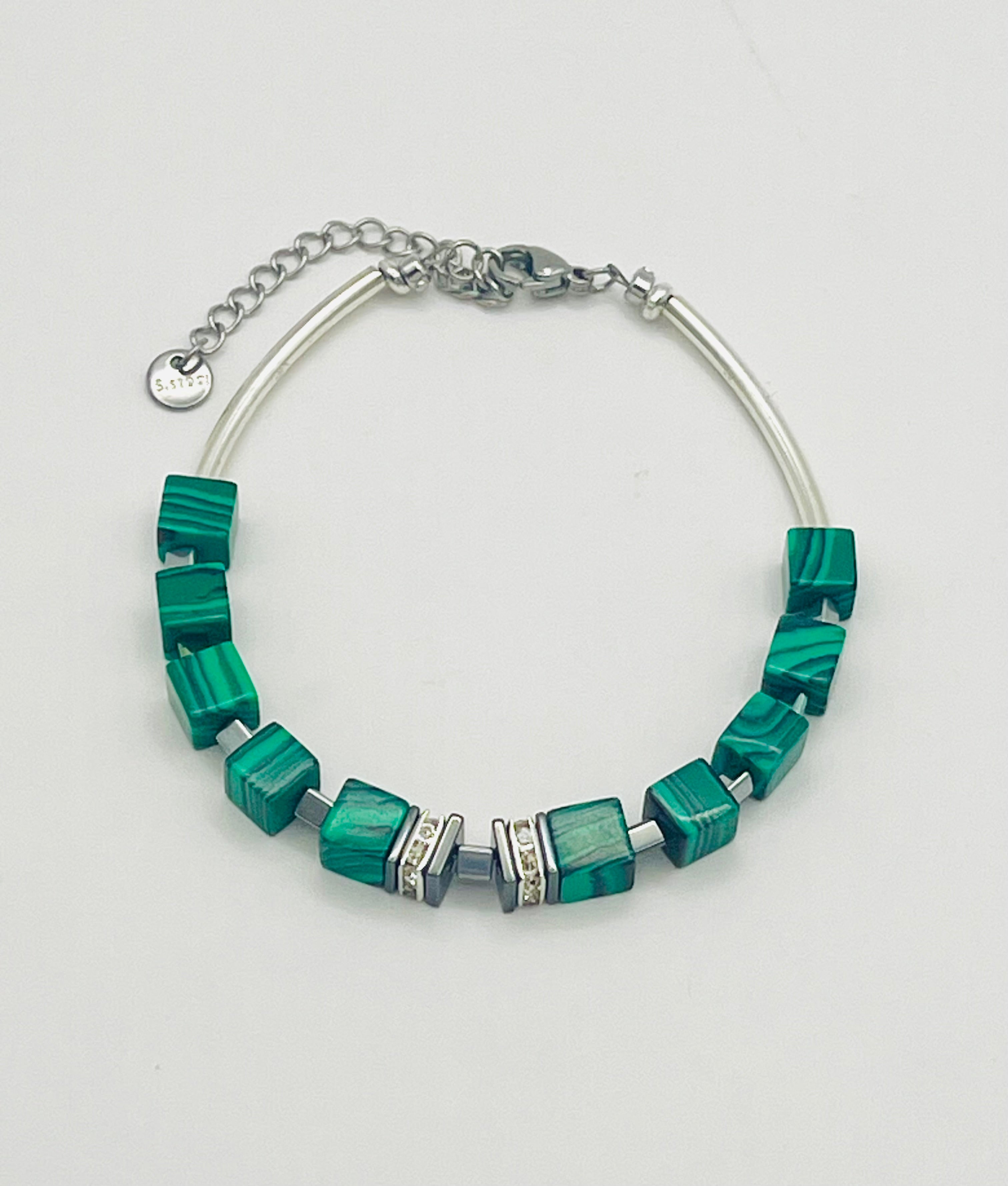 Green Malachite Stone Bracelet | Silver-Plated Steel Lobster Claspl
