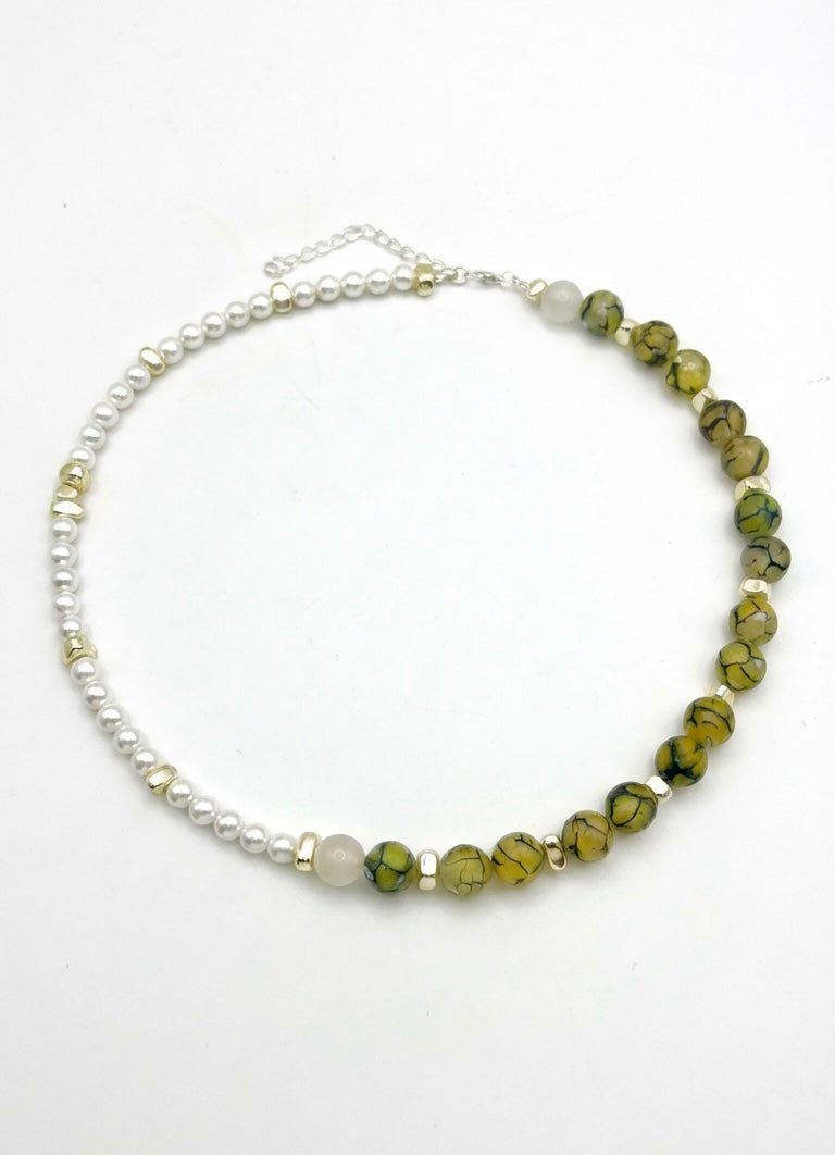 Dew Green & White National Stones Necklace, Silver-Plated, Lobster Clasp