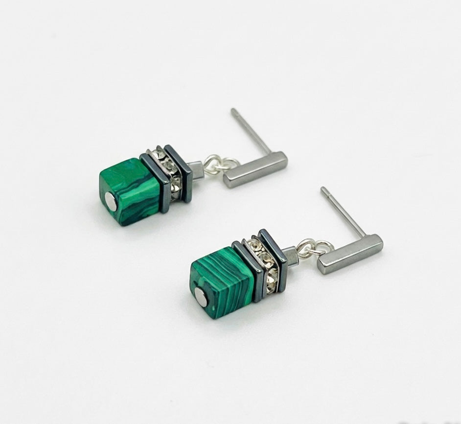 Macchiato Natural Stone Drop Earrings | Silver Stainless Steel Rectangle Stud